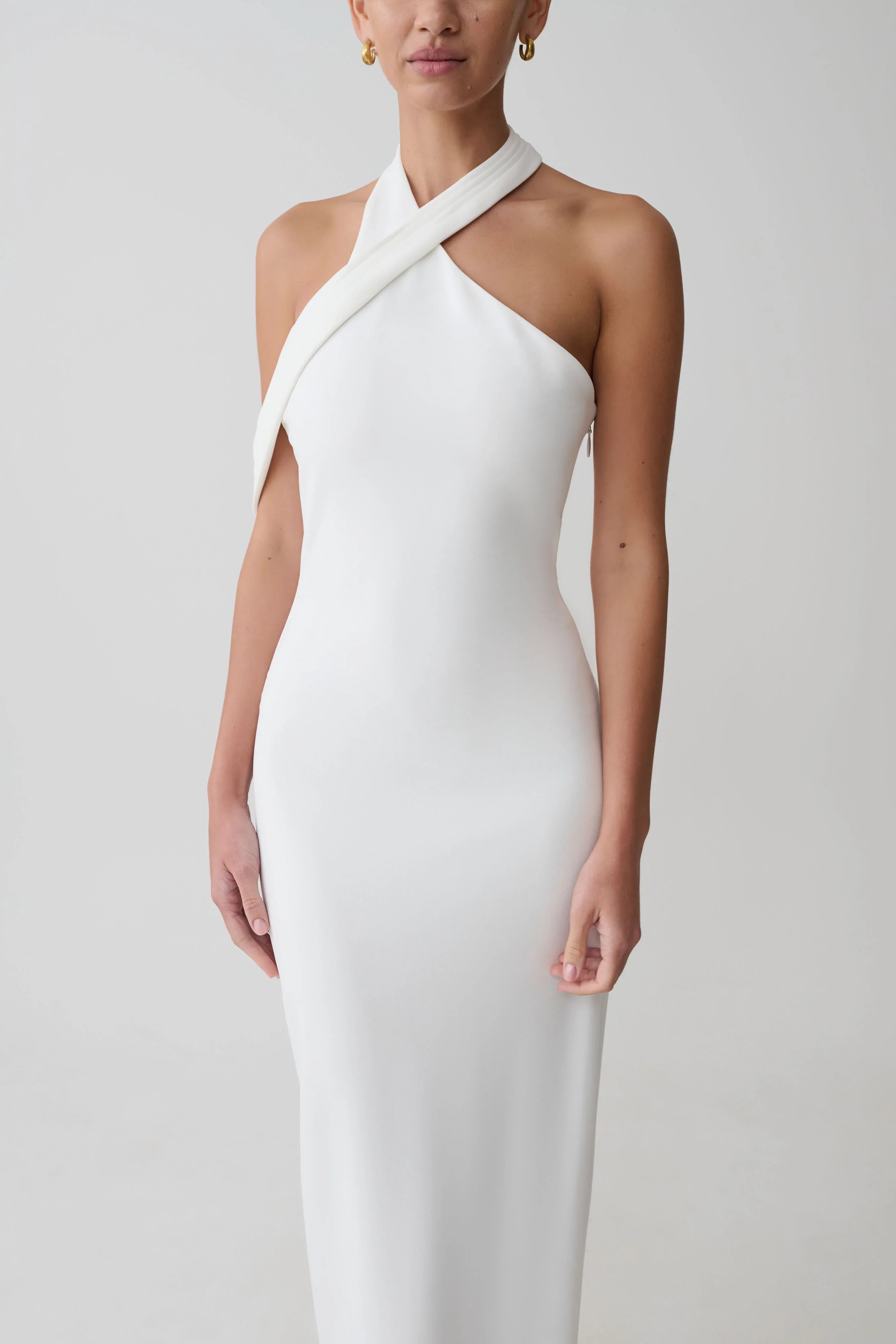 Sable Crossover Crepe Midi Dress White