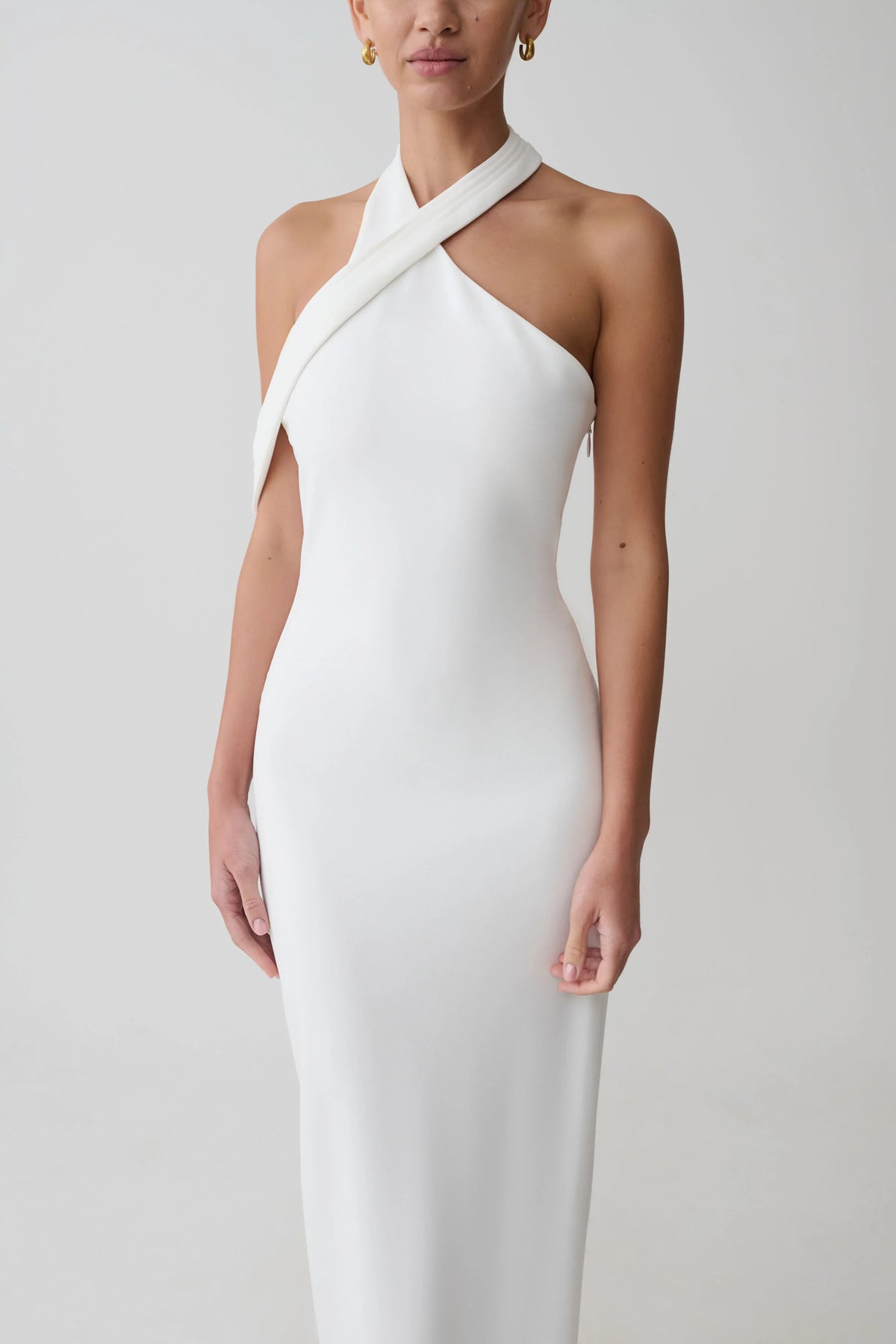 Sable Crossover Crepe Midi Dress White
