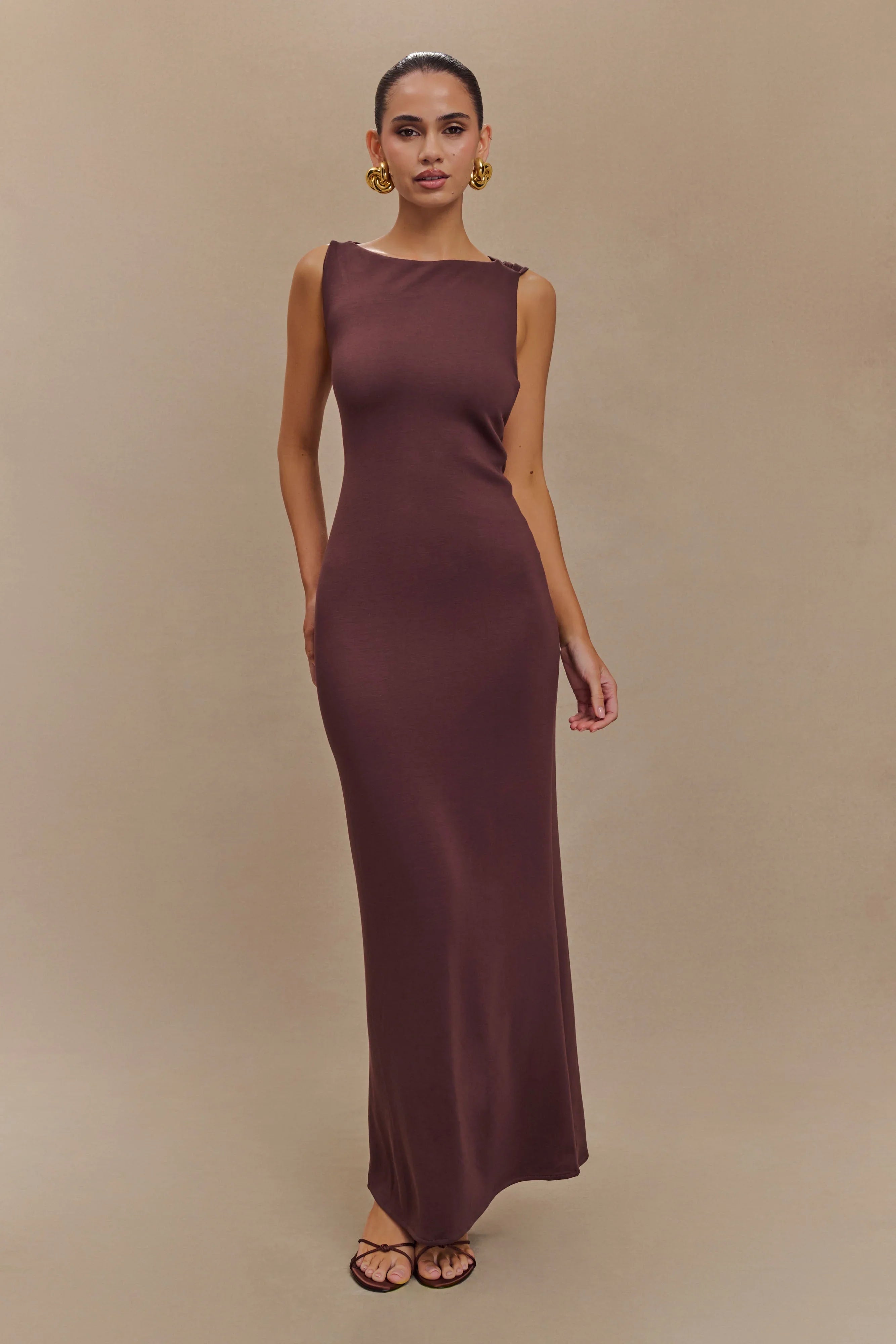 Catelyn Asymmetrical Scuba Jersey Midi Dress Cacao Brown