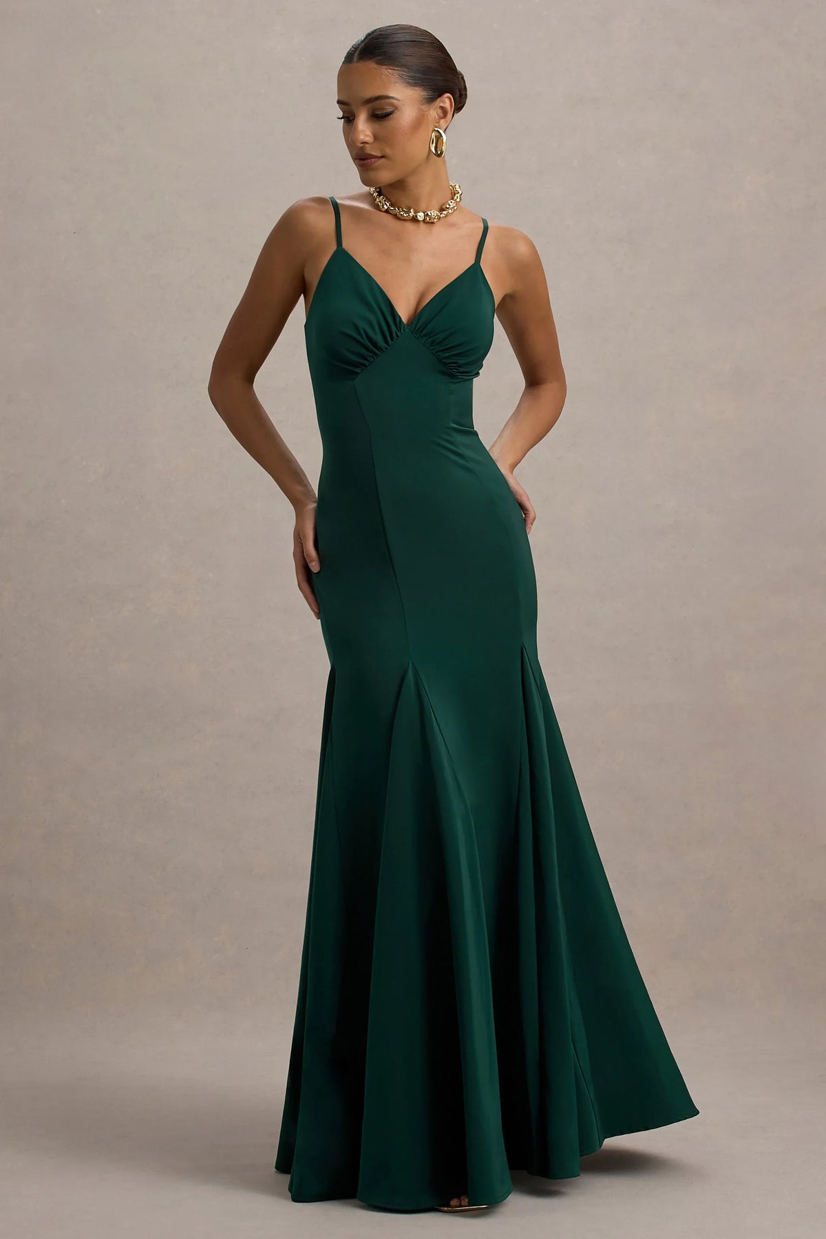 Ashly Bottle Green Satin Maxi Dress With Volume Hem
