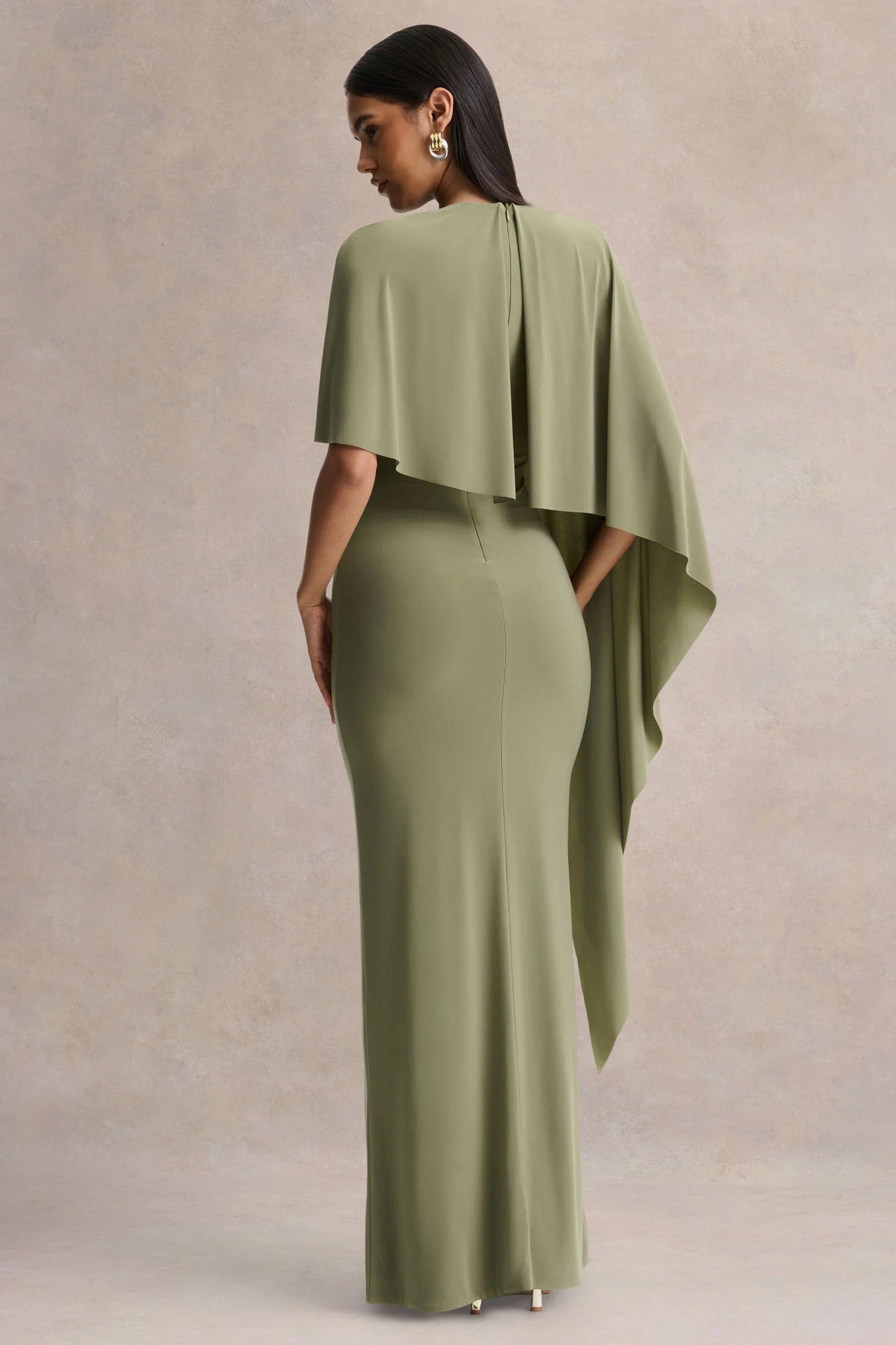 Ravena Olive Crew Neck Maxi Dress With Asymmetric Cape Sleeve