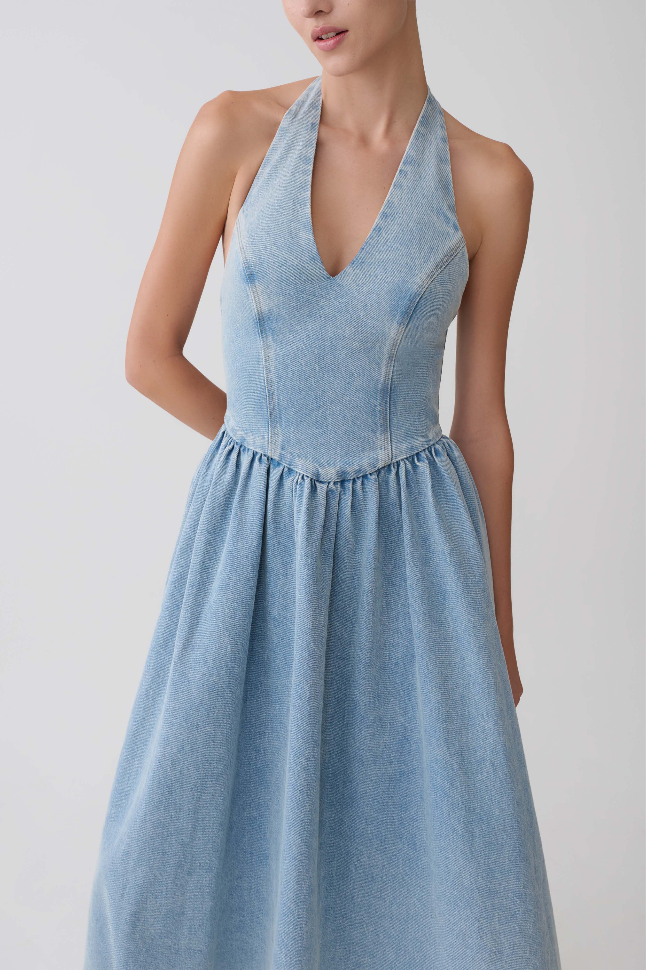 Miller Denim Halter Midi Dress Classic Blue