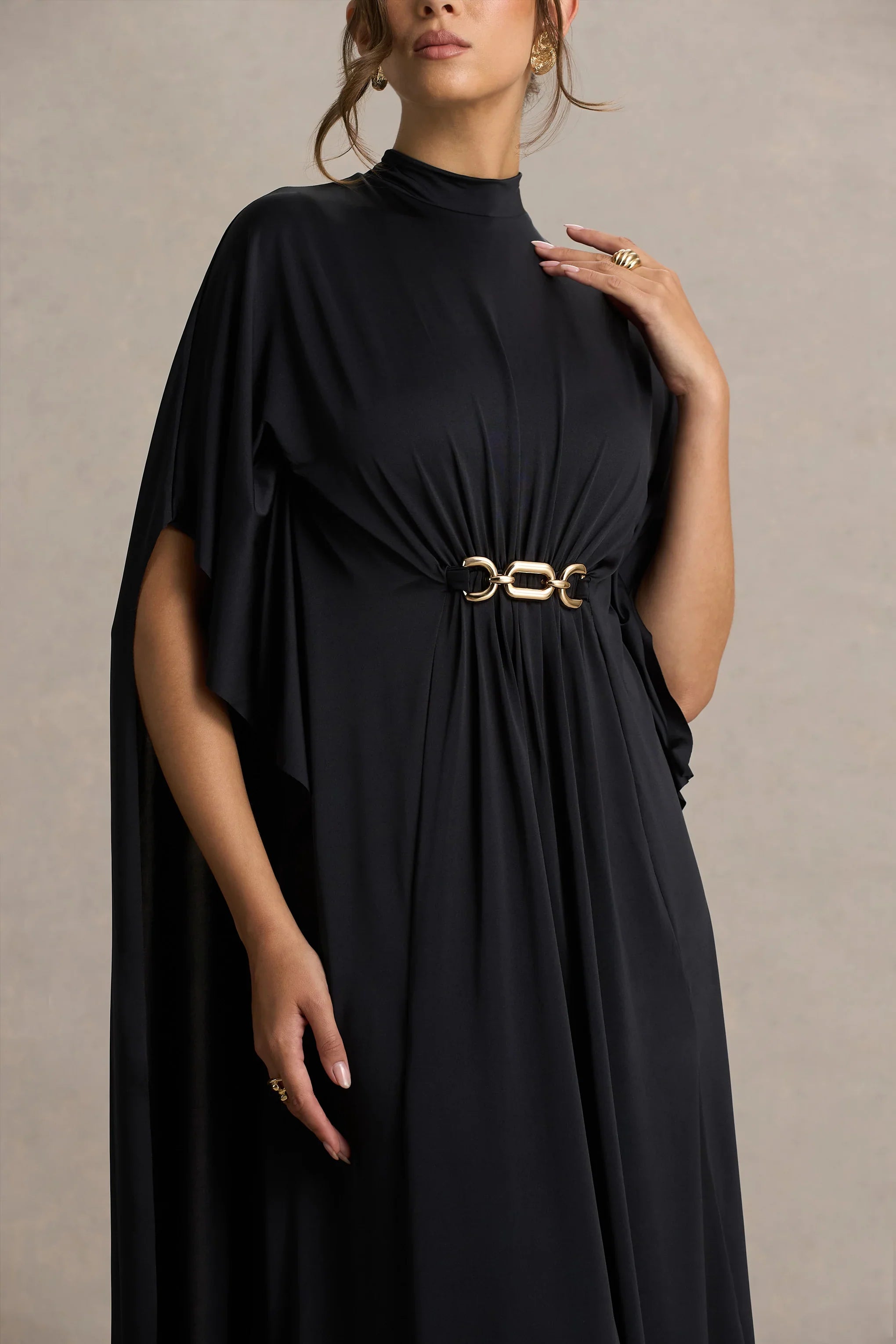 Olessia Black Belted Gathered Cape Sleeve Maxi Dress
