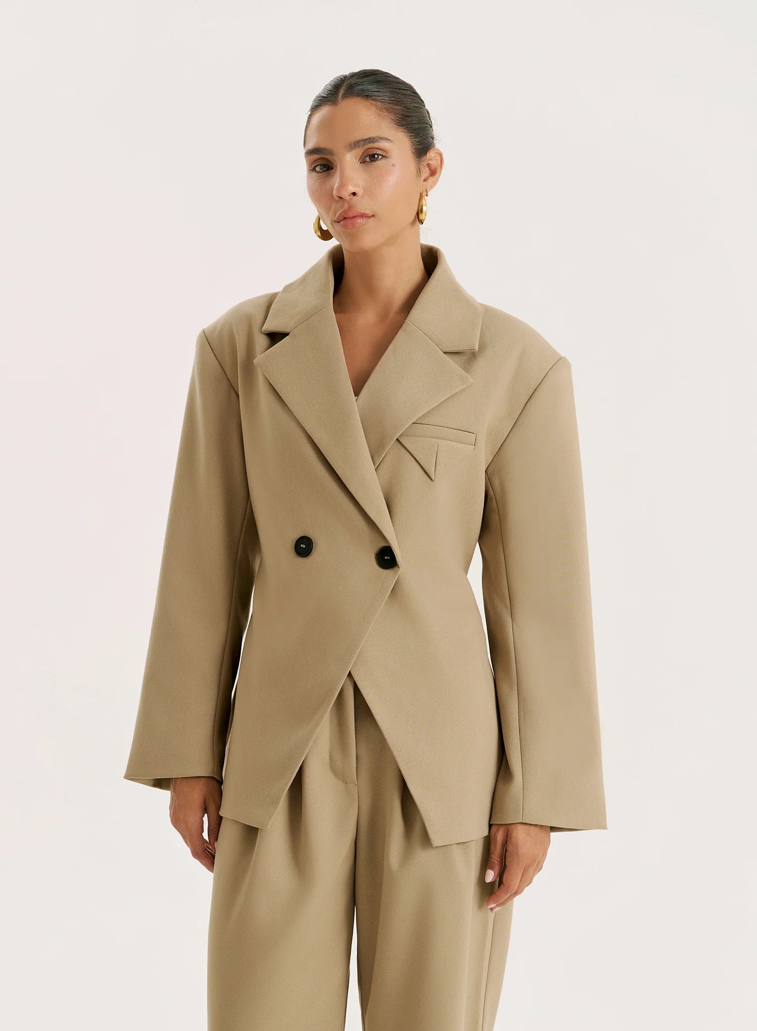Camel Cinched Waist Tailored Blazer