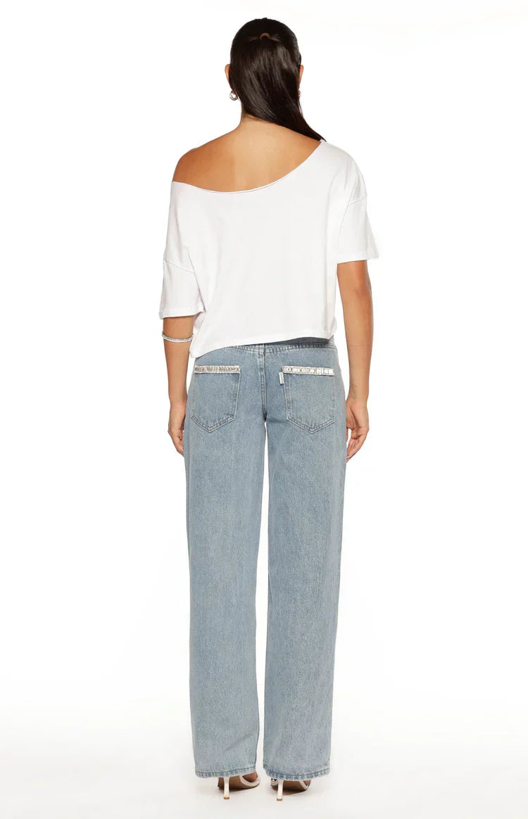 Kavira Light Wash Denim Diamante Trim Low Rise Jeans