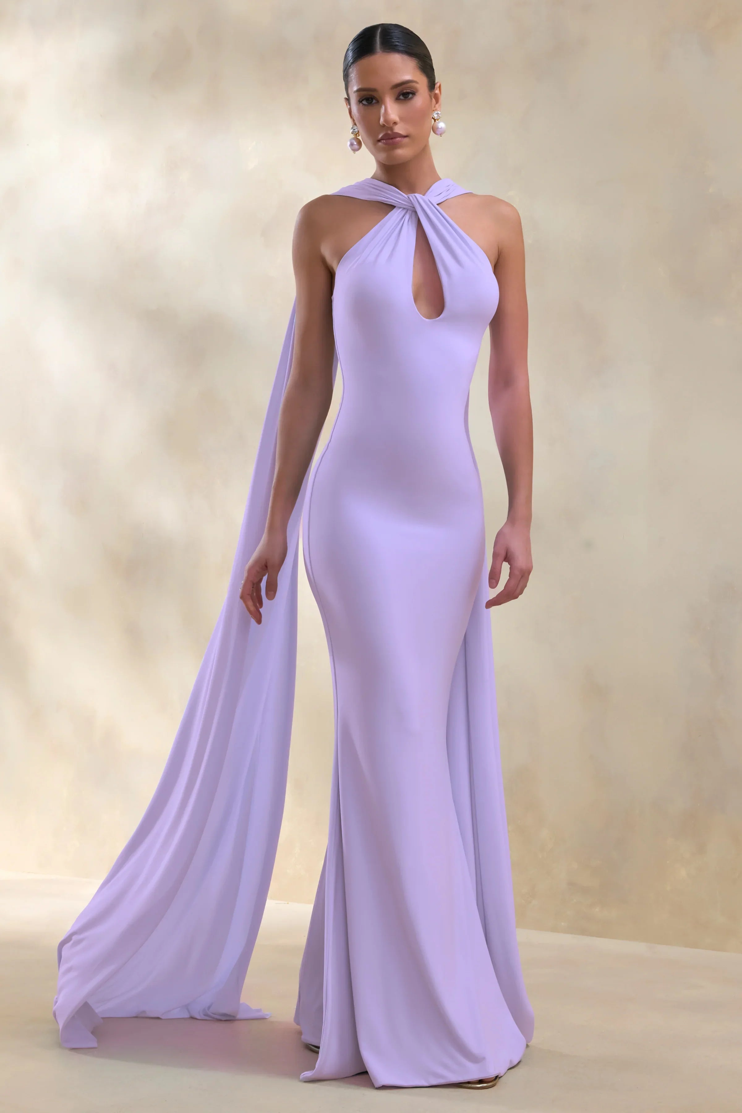 Rhoda Lilac Twist Halter Neck Cape Maxi Dress