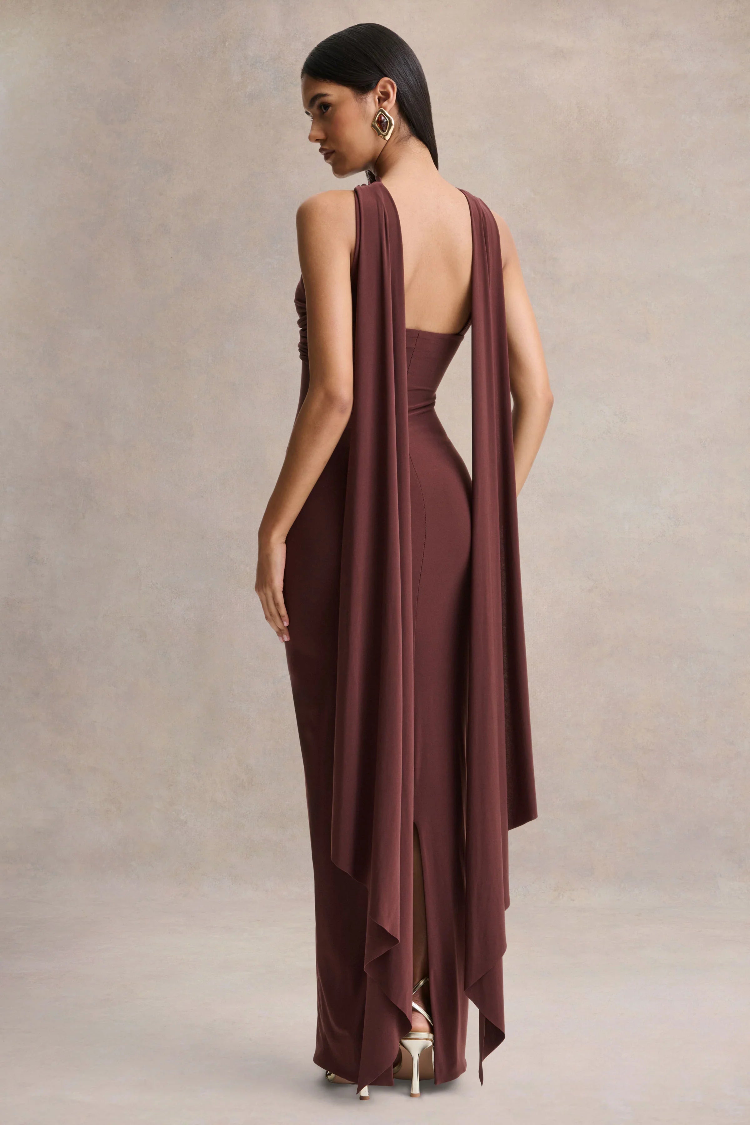 Sheila Dark Brown Bandeau Maxi Dress With Scarf Detail