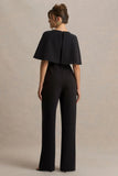 Vivid Black Plunge Neck Jumpsuit With Bow Detail