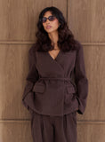 Chocolate Herringbone Tie Waist Wrap Jacket