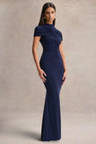 Azaria Navy High Neck Maxi Dress With Ruched Detailing