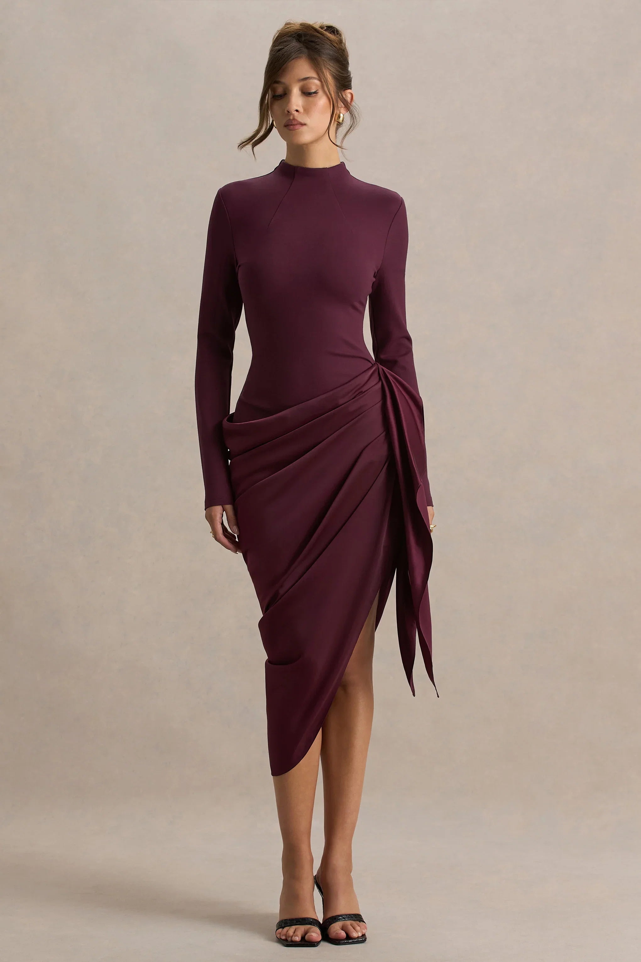 Raffie Plum Long Sleeve Midi Dress With Satin Wrap Skirt