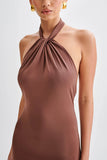 Elyna Slinky Halter Maxi Dress Chocolate