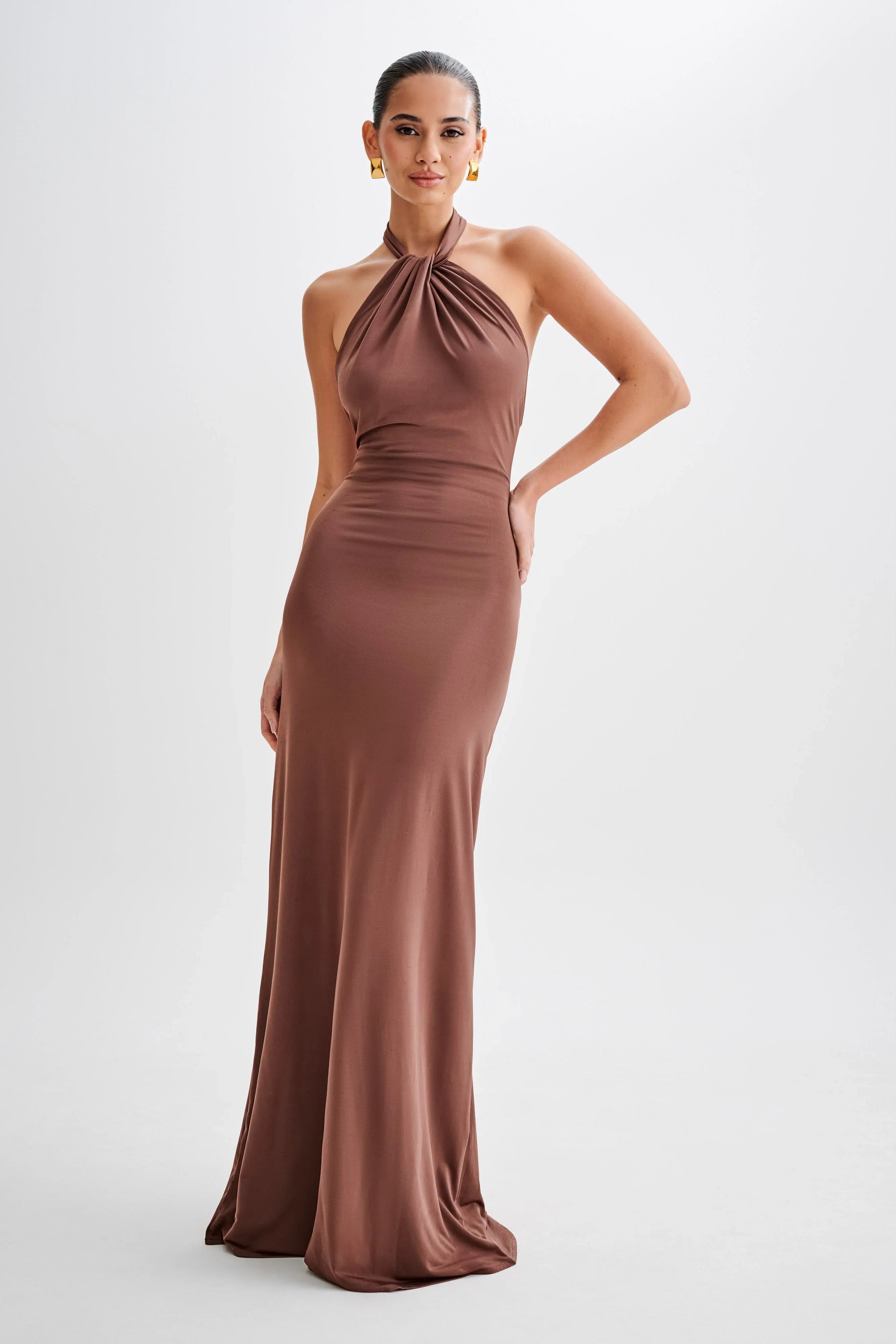 Elyna Slinky Halter Maxi Dress Chocolate