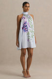 Evita Powder Blue Rose Print High Neck A Line Mini Dress With Bow