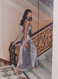 Silver Satin One Shoulder Scarf Neck Maxi Dress