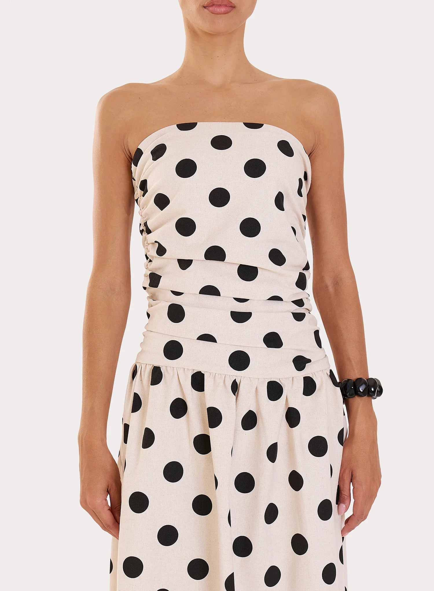 Polka Dot Printed Linen Blend Bandeau Maxi Dress