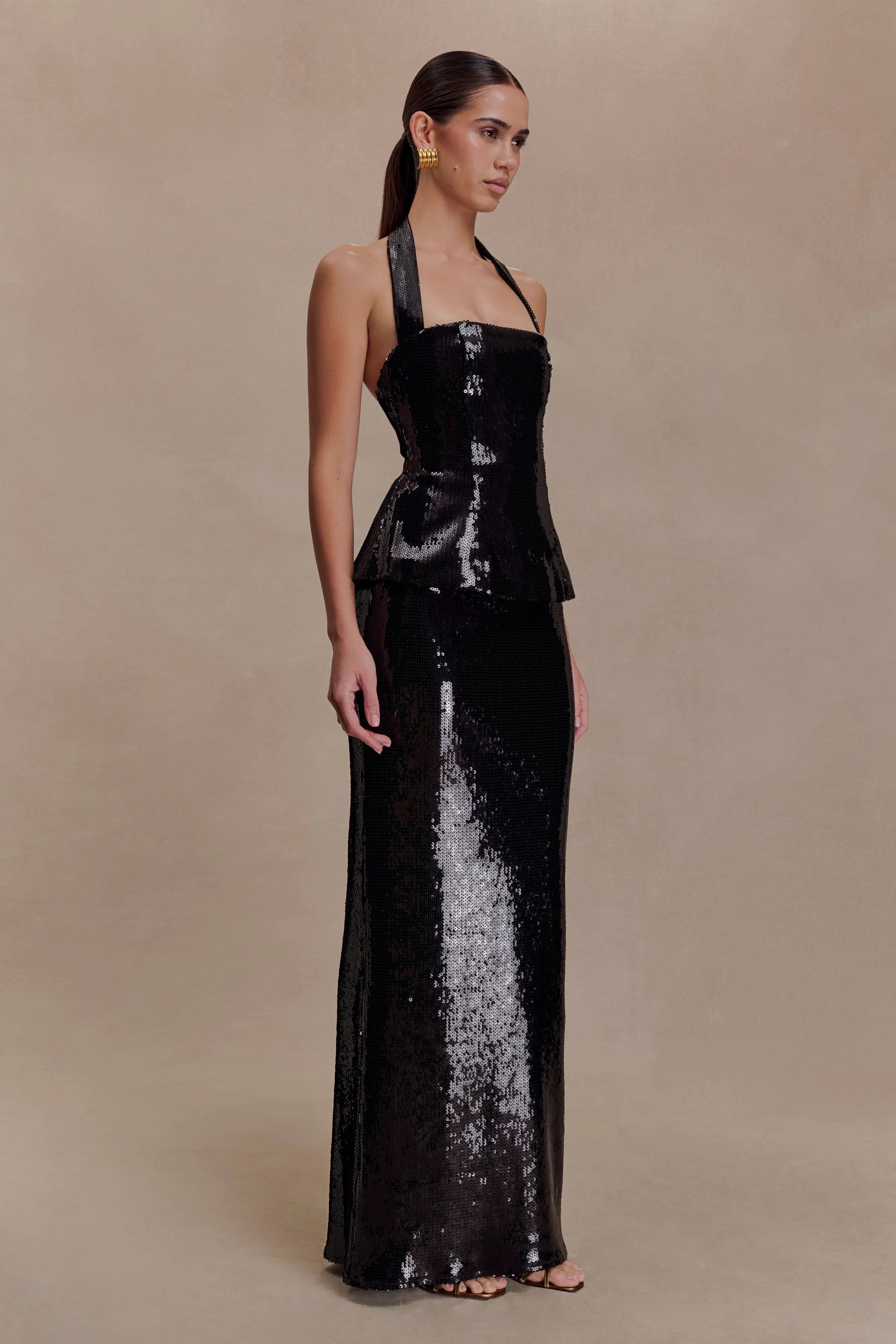Bertie Sequin Peplum Halter Maxi Dress Black