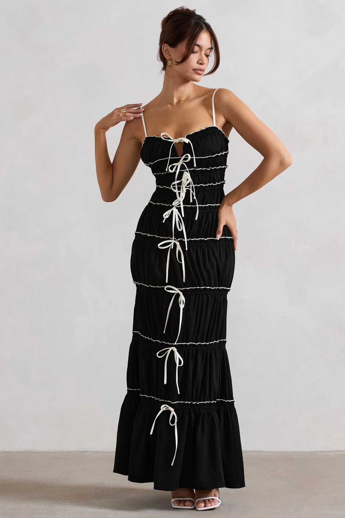 Summer Breeze Black Strappy Gathered Tiered Maxi Dress