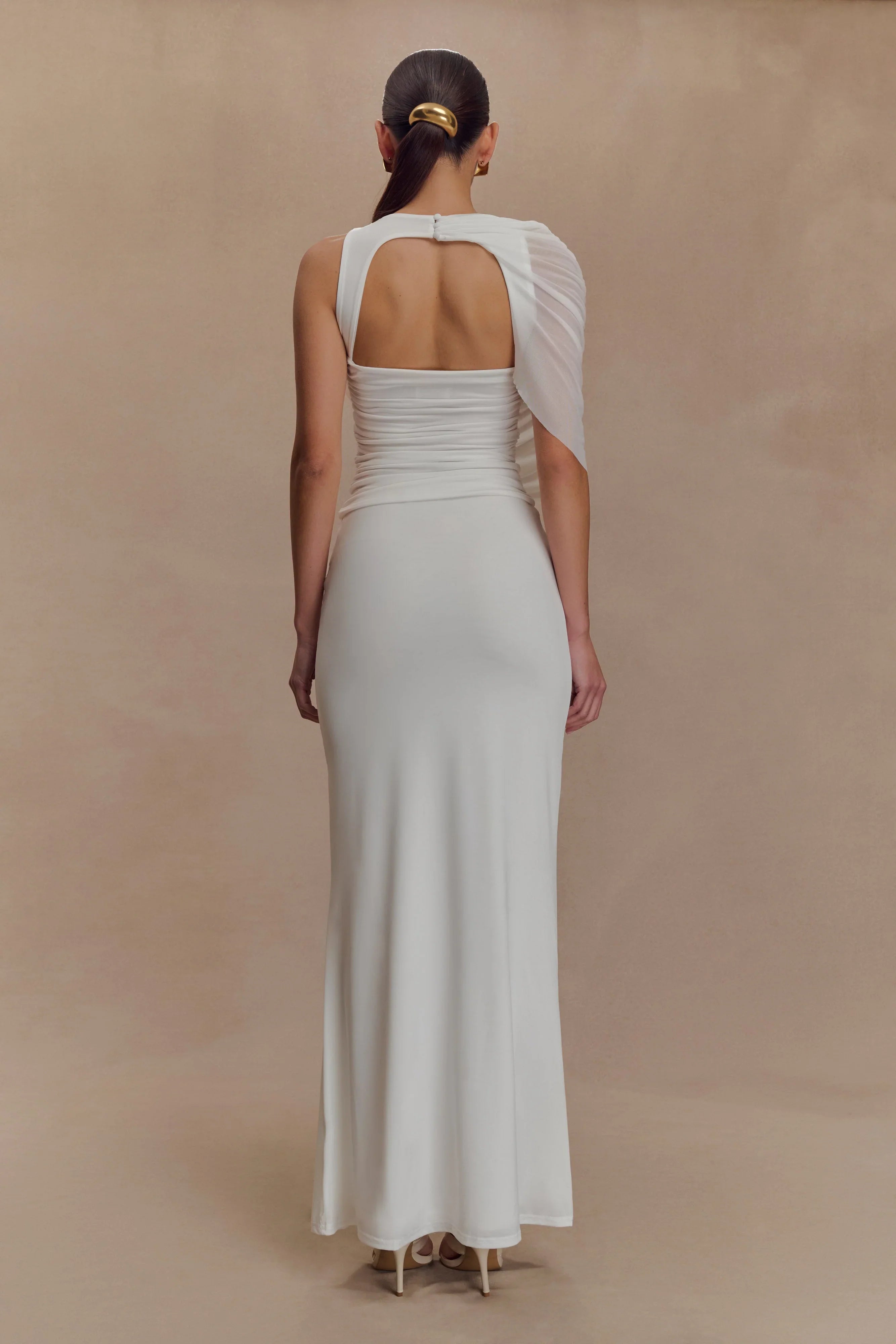 Pruedance Slinky Draped Top With Mesh Overlay White