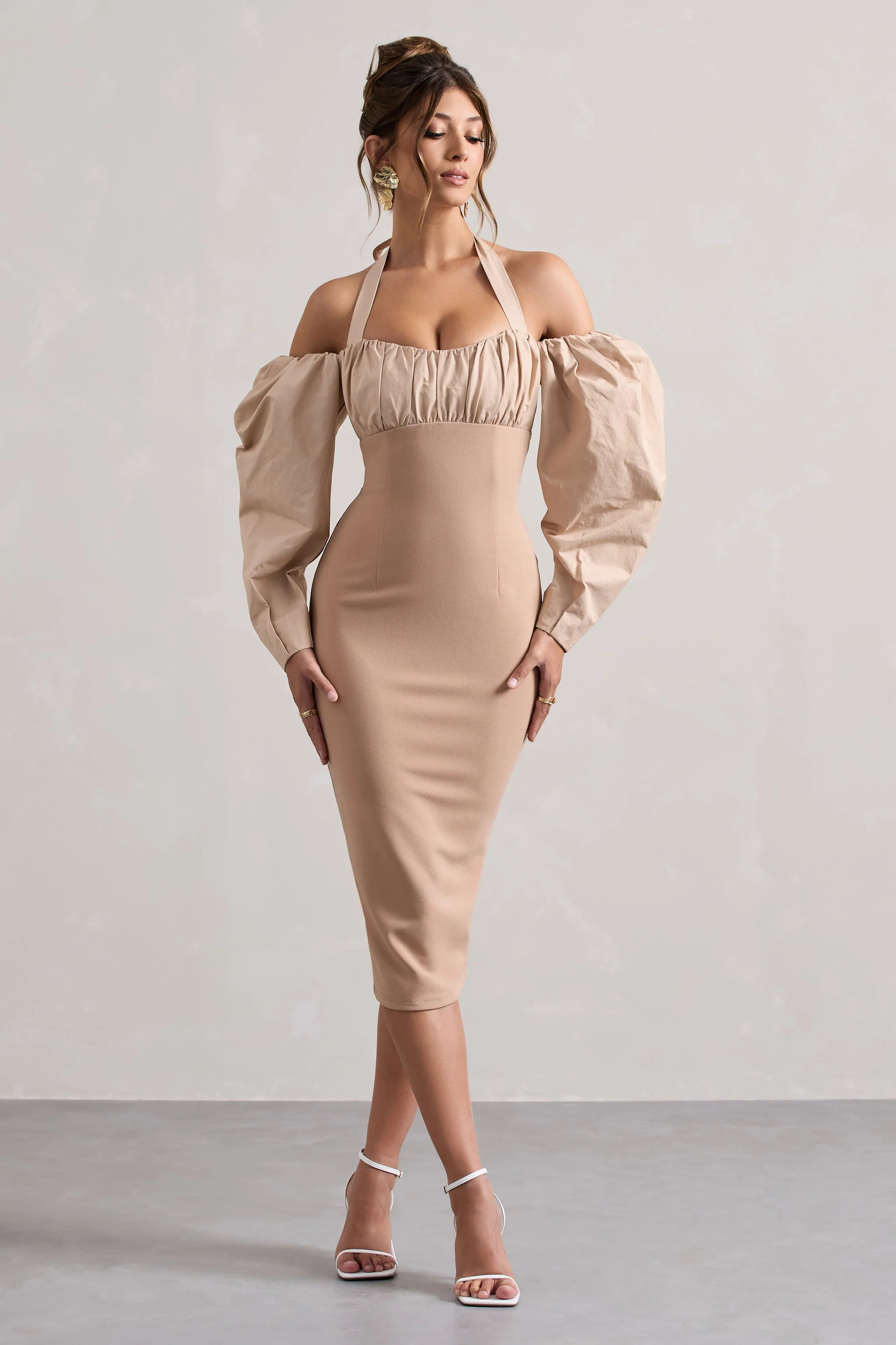 Couture Client Champagne Halter Neck Puff Sleeve Midi Dress
