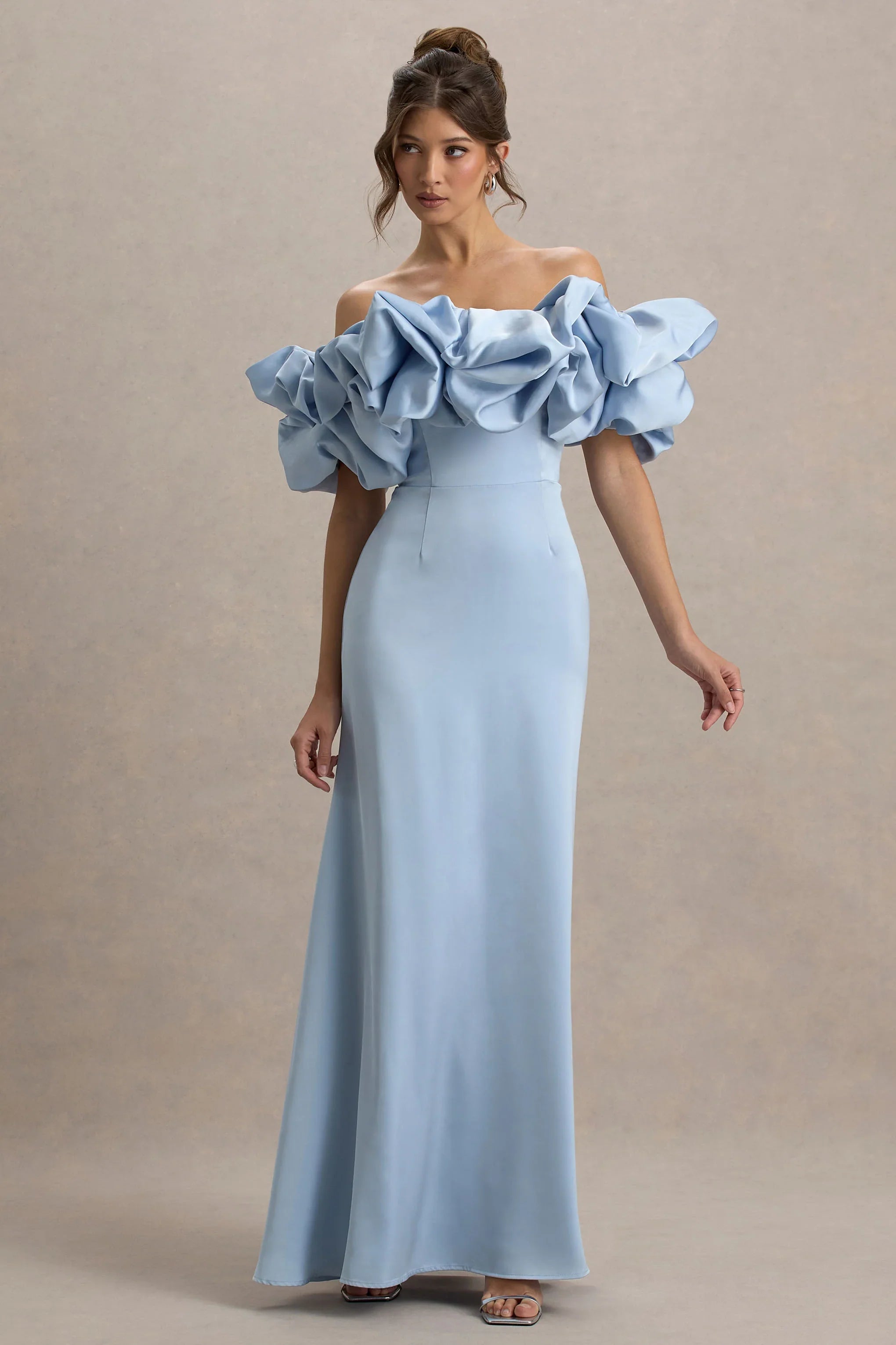Allie Powder Blue Puff Bardot Maxi Dress