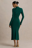 Cassandra Bottle Green High Neck Long Sleeve Midi Dress