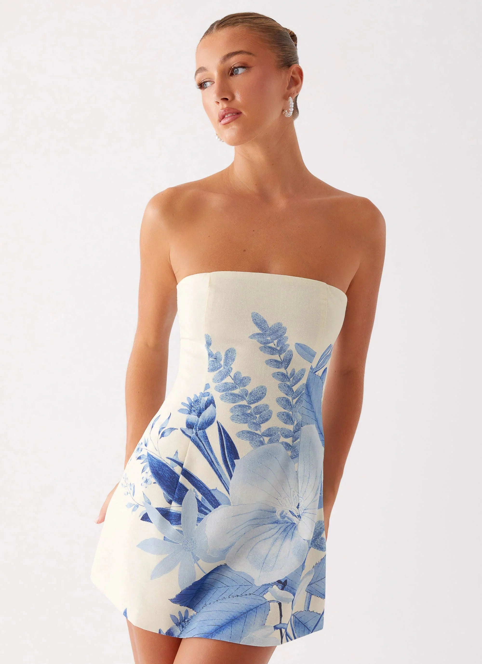 Denby Strapless Mini Dress Blue Floral Print