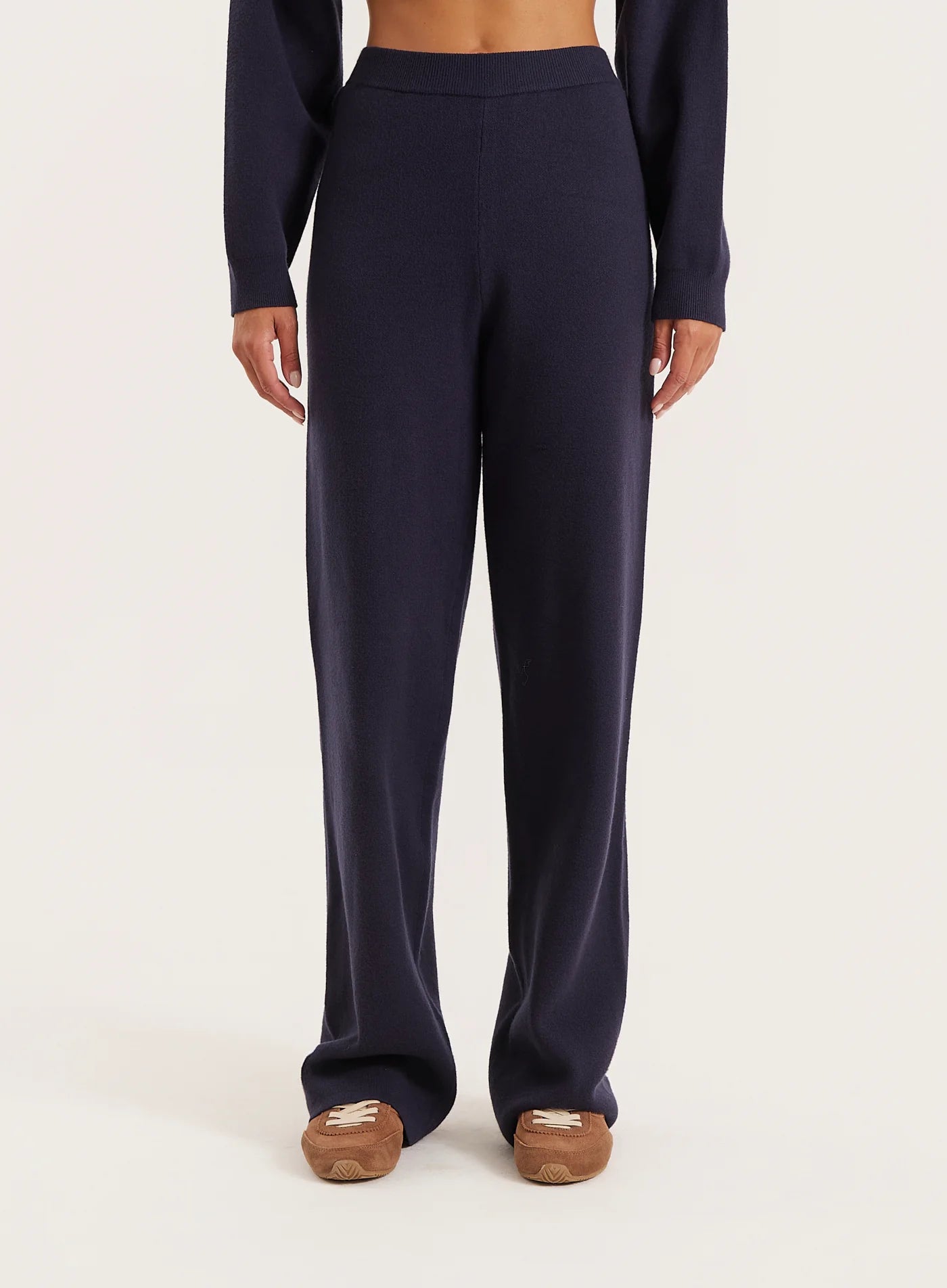 Navy Knitted Straight Leg Trousers