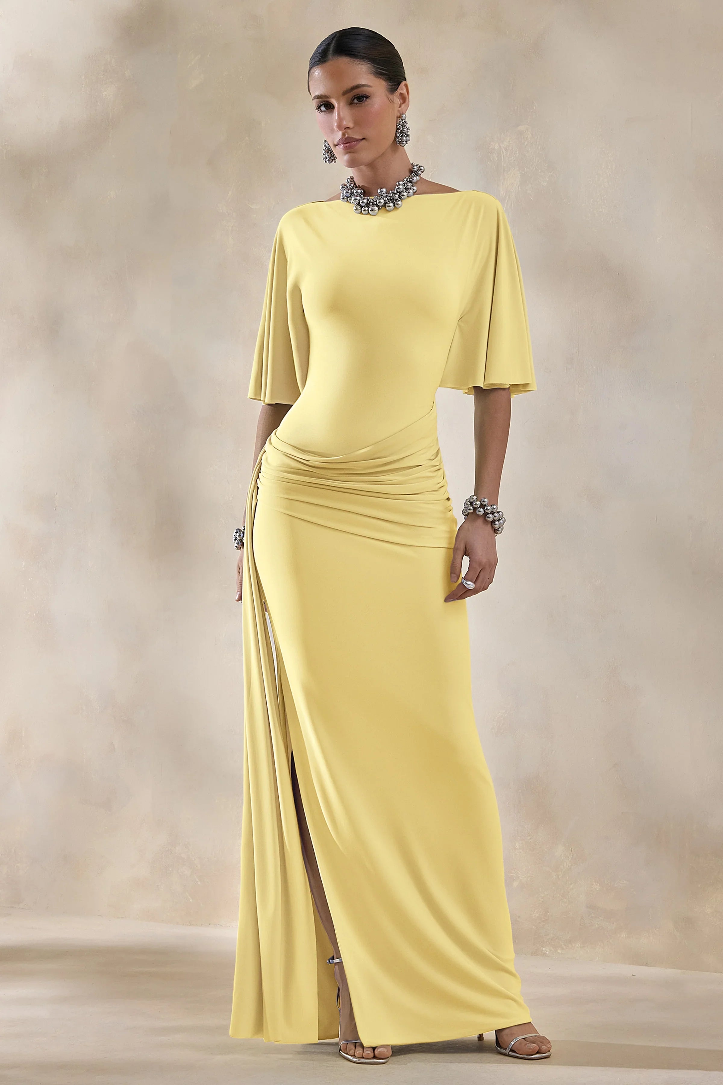 Emerelle Lemon Wide Neck Maxi Dress With Sash And Draped Detailing