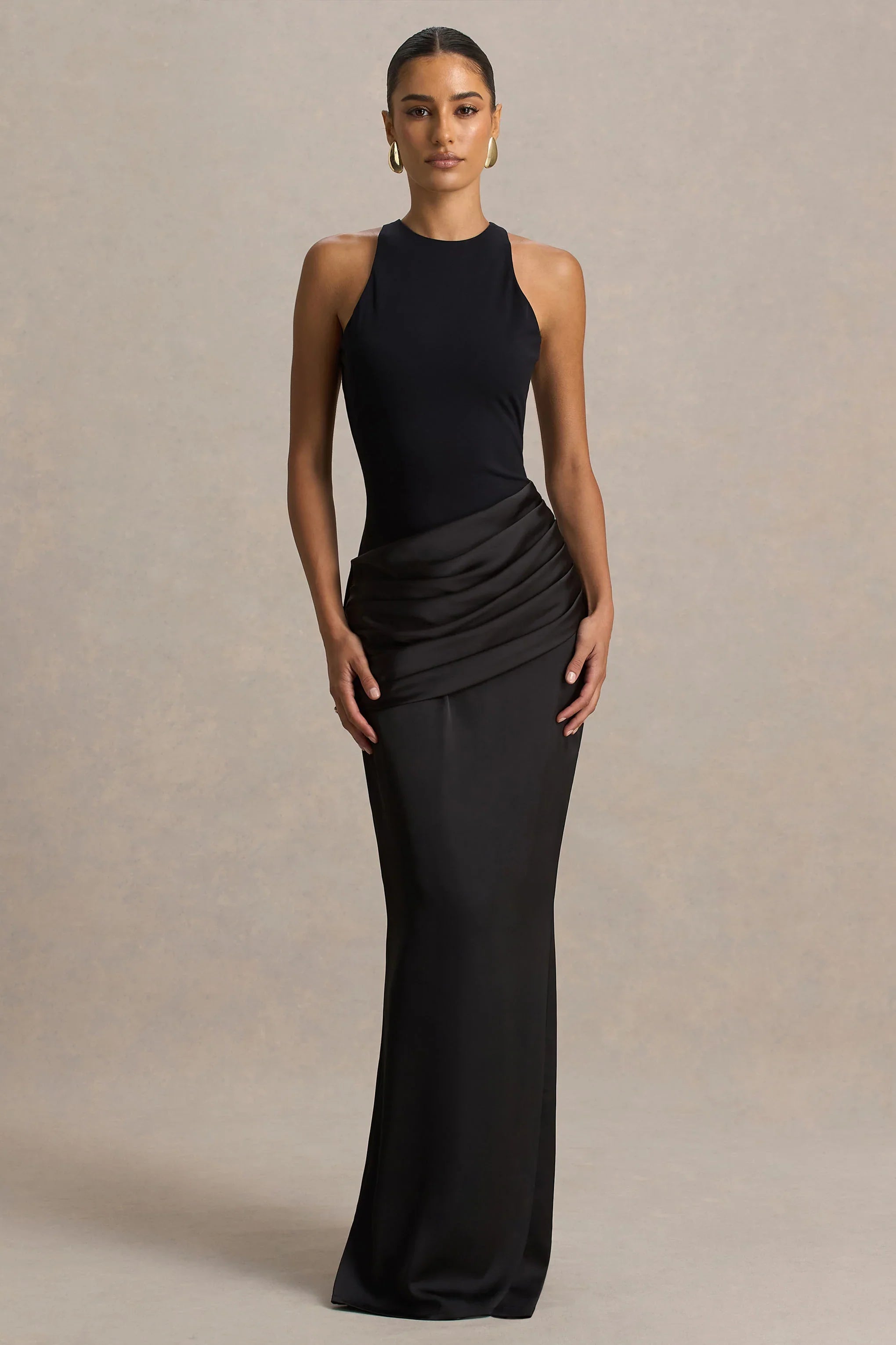 Akari Black Crew Neck Maxi Dress With Satin Skirt