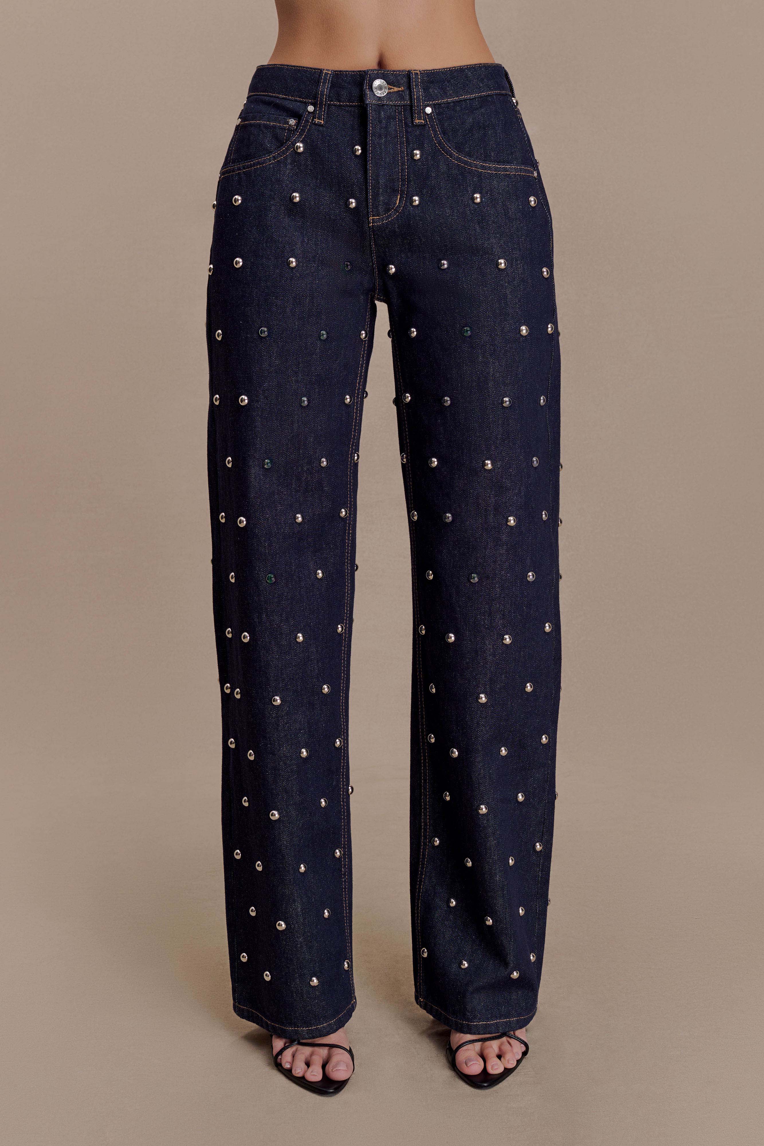 Alima Mid Rise Stud Denim Jeans Washed Indigo Blue