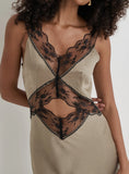 Khaki Satin Lace Slip Dress