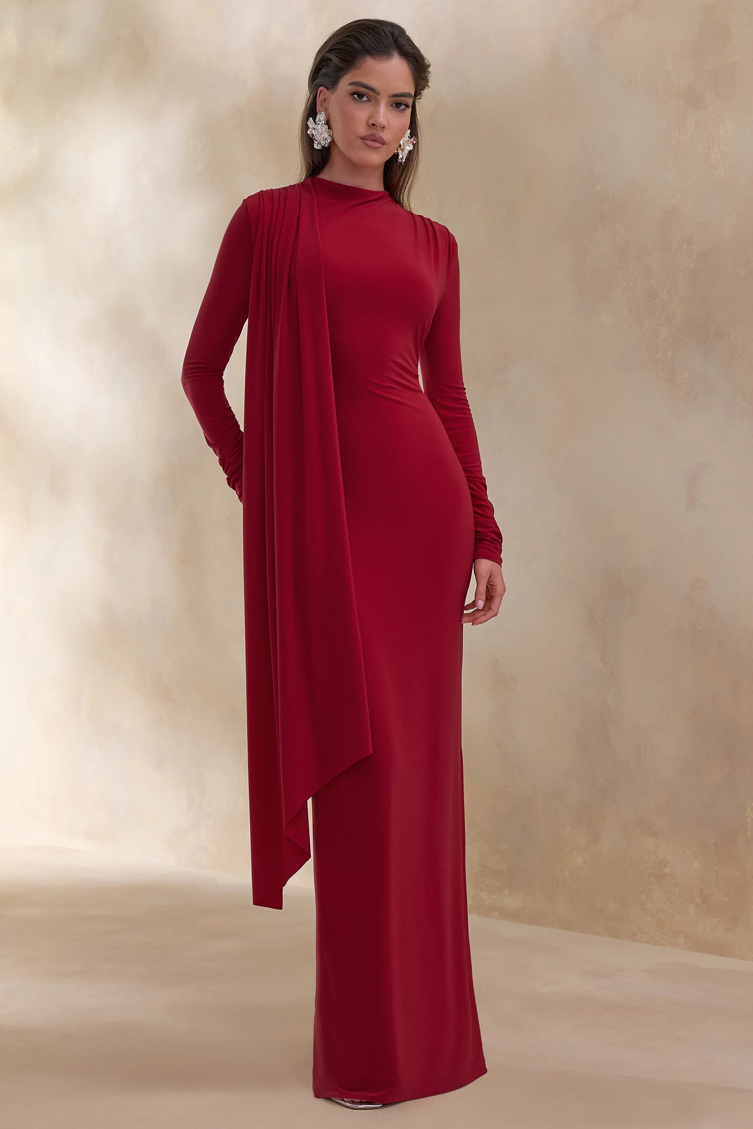 Amaria Red High Neck Maxi Dress With Sash Detail