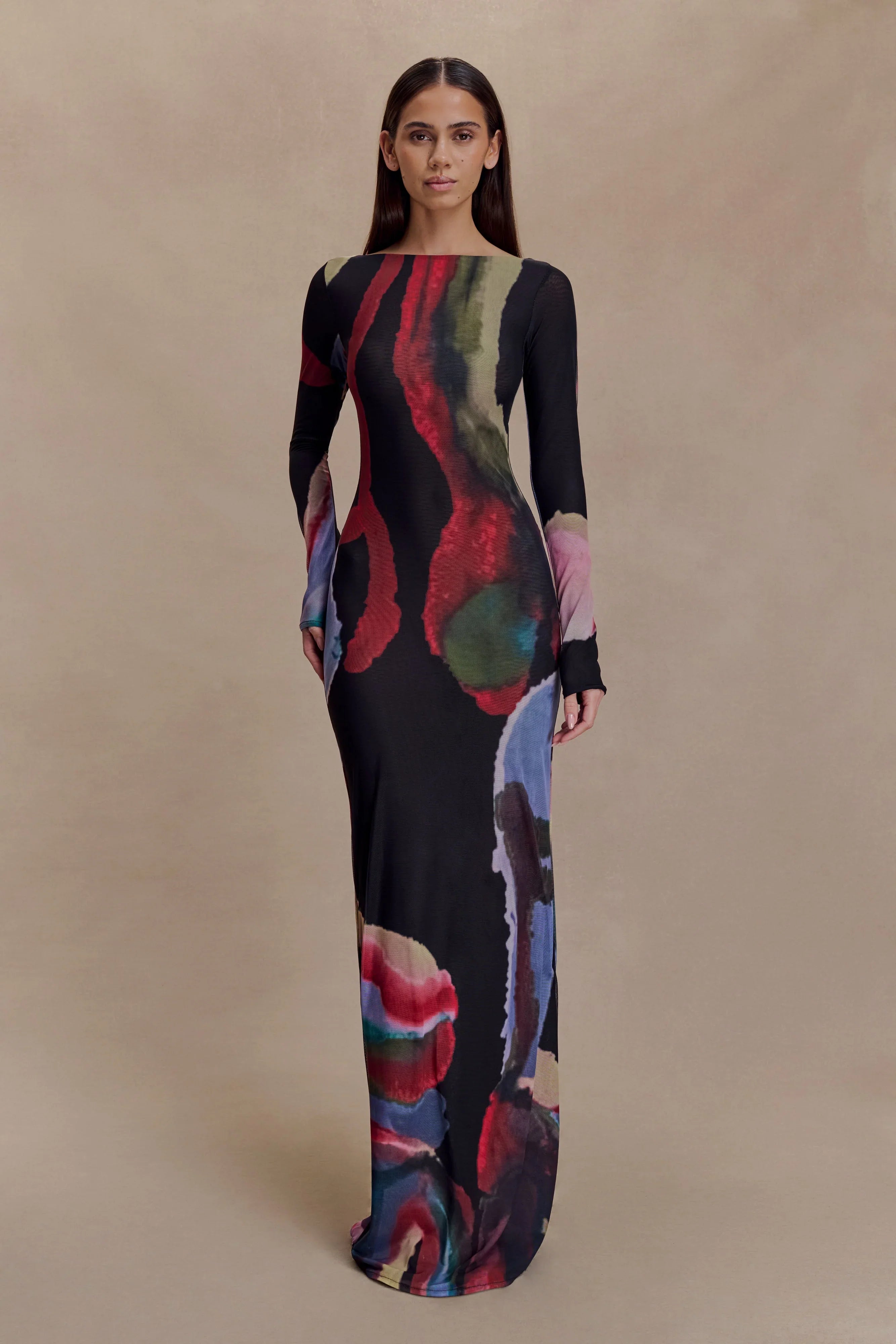Soraya Long Sleeve Mesh Maxi Dress Multi Fluid Reverie Print