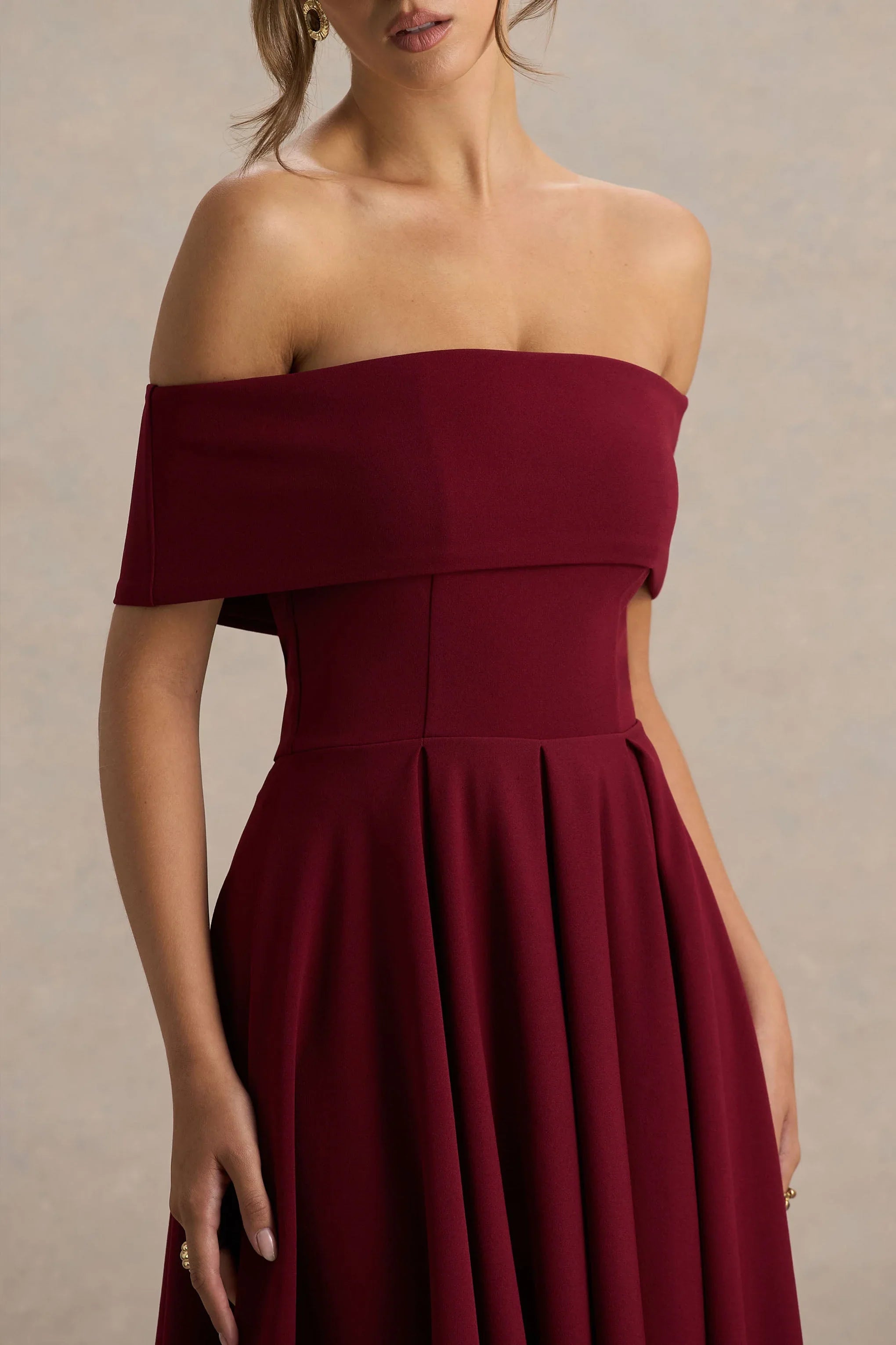Isabella Burgundy Bardot Neck Midi Dress