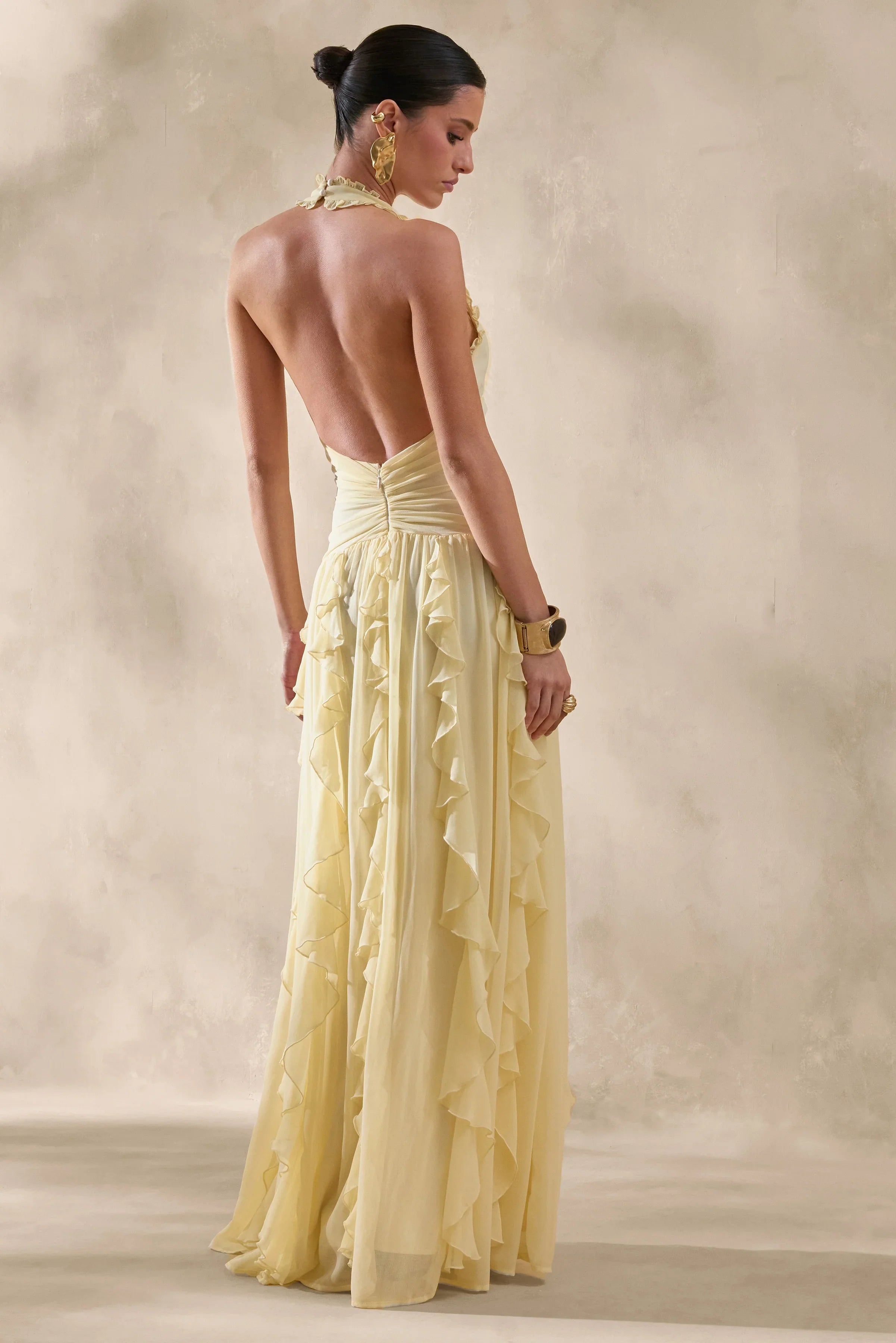 Bea Lemon Plunge Neck Ruffled Maxi Dress