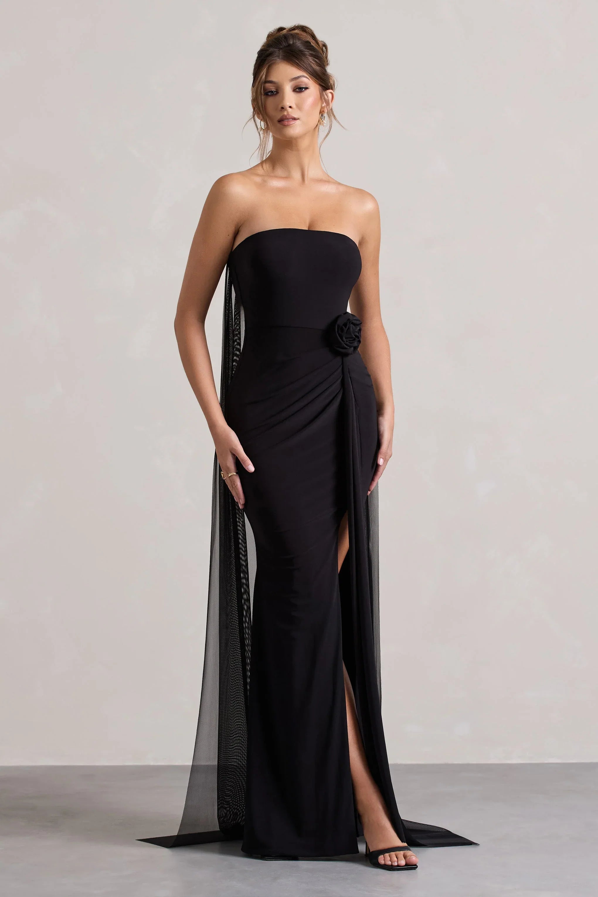 More To Come Black Strapless Wrap Cape Maxi Dress With Corsage