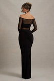 Cover Star Black Mesh Bardot Long Sleeve Draped Maxi Dress