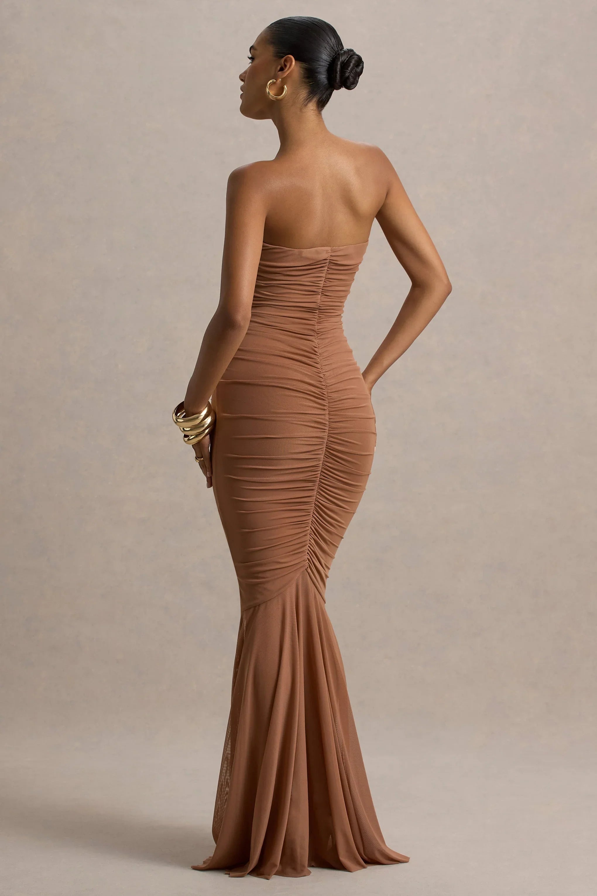 Talisa Mocha Bandeau Ruched Maxi Dress With Mesh Fishtail