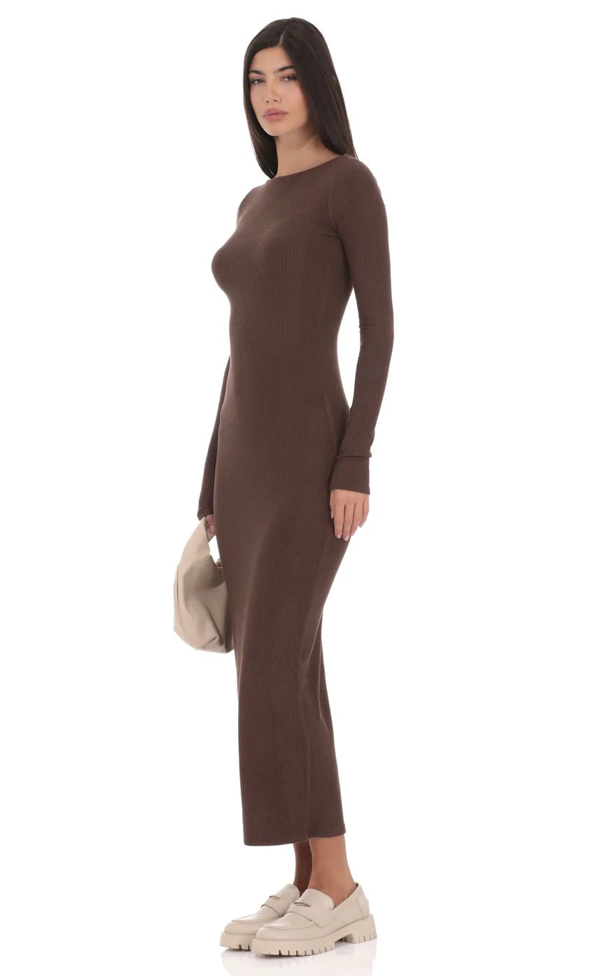 Ribbed Open Back Maxi Dress in Brown