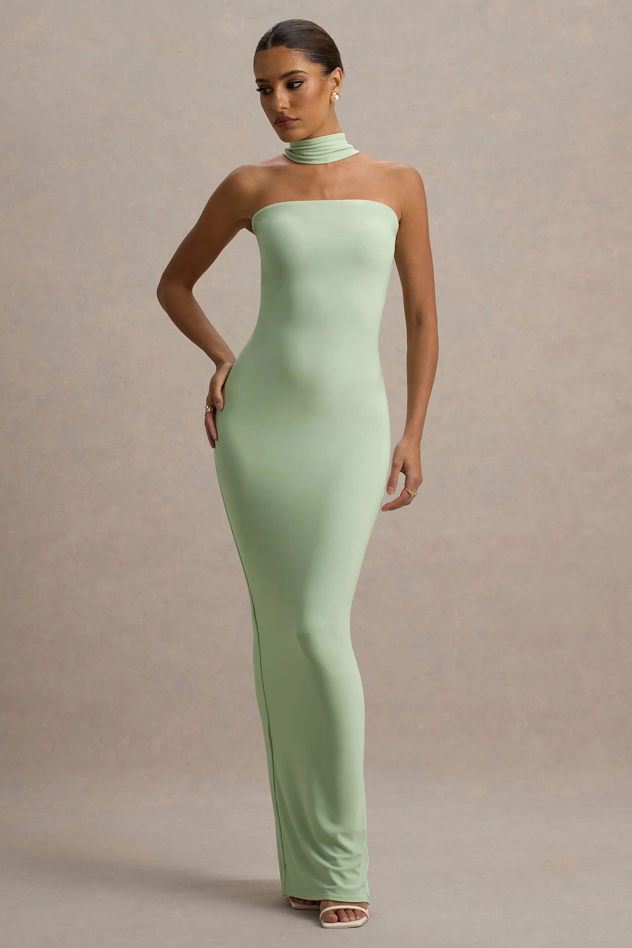 Nobu Light Green Bandeau Maxi Dress With Halter Collar