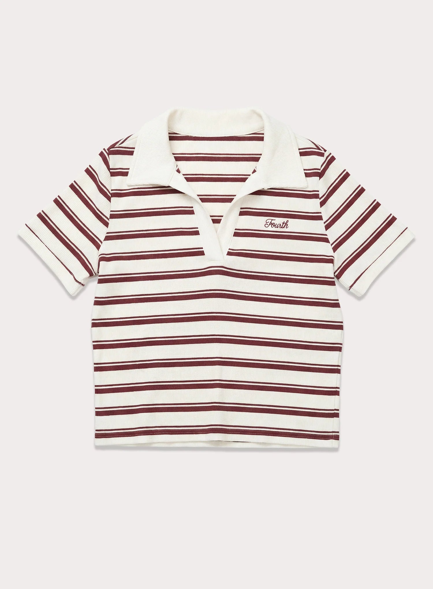 White And Brown Stripe Ribbed Short Sleeve Jersey Polo Top
