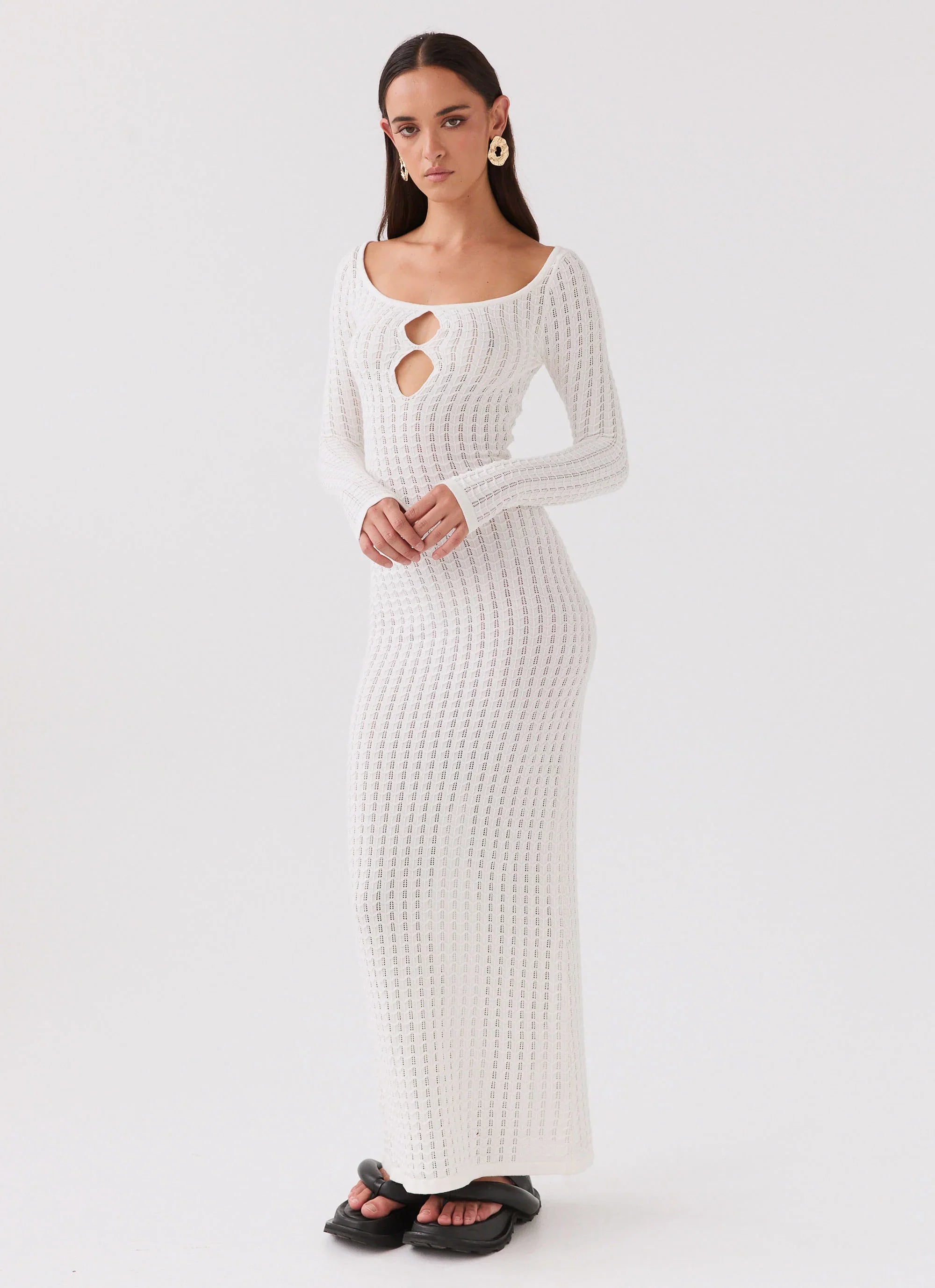 Crystal Cascade Knit Maxi Dress White