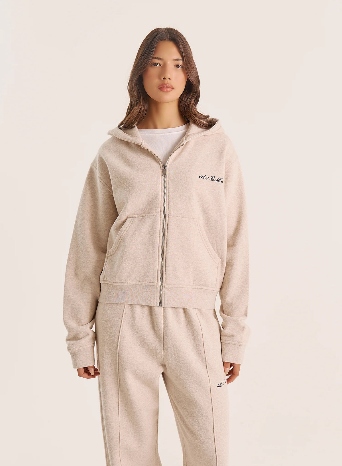Oatmeal Script Logo Detail Zip Hoodie