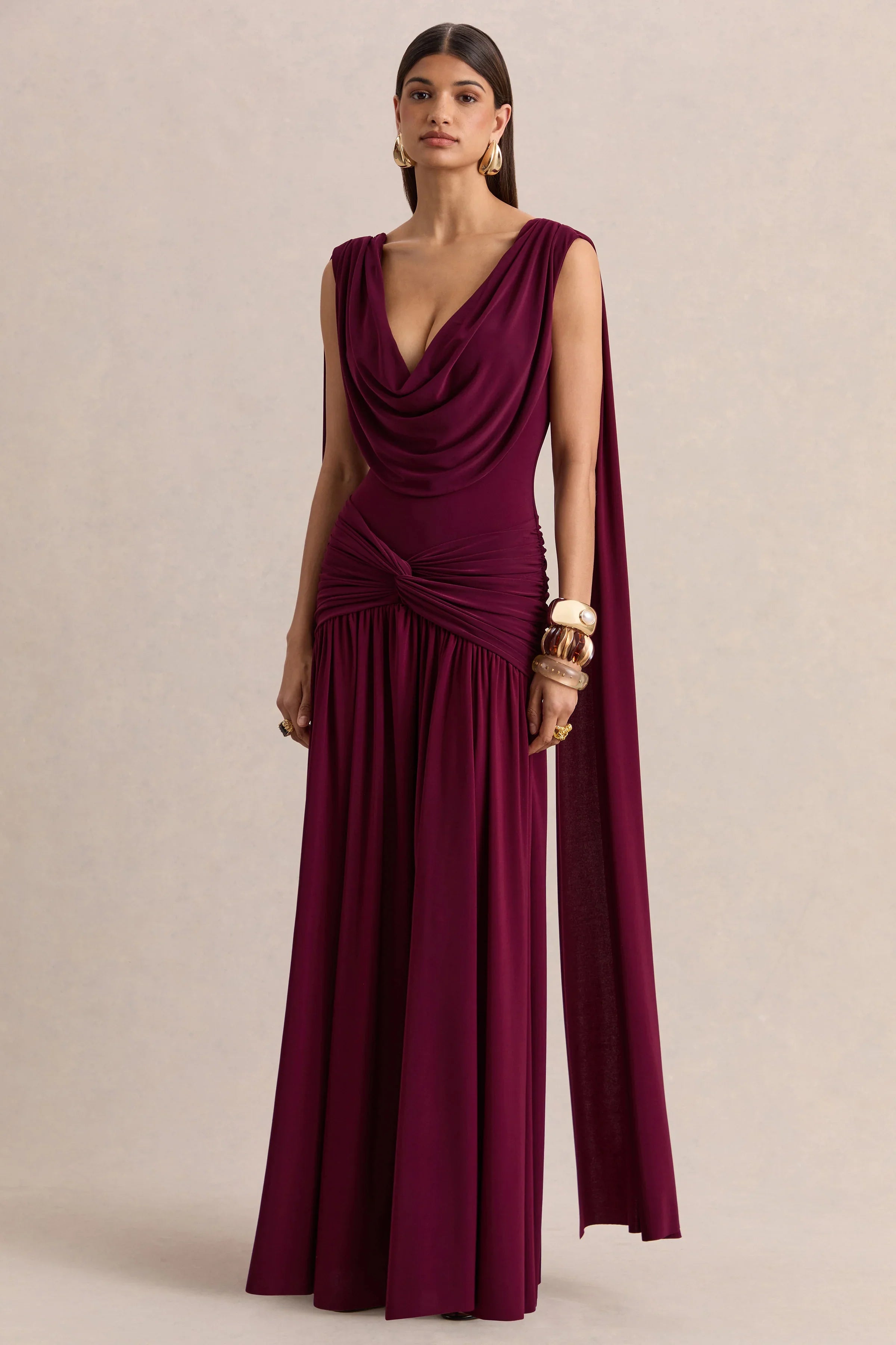 Amelisse Burgundy Plunge Neck Maxi Dress With Ruched Detailing