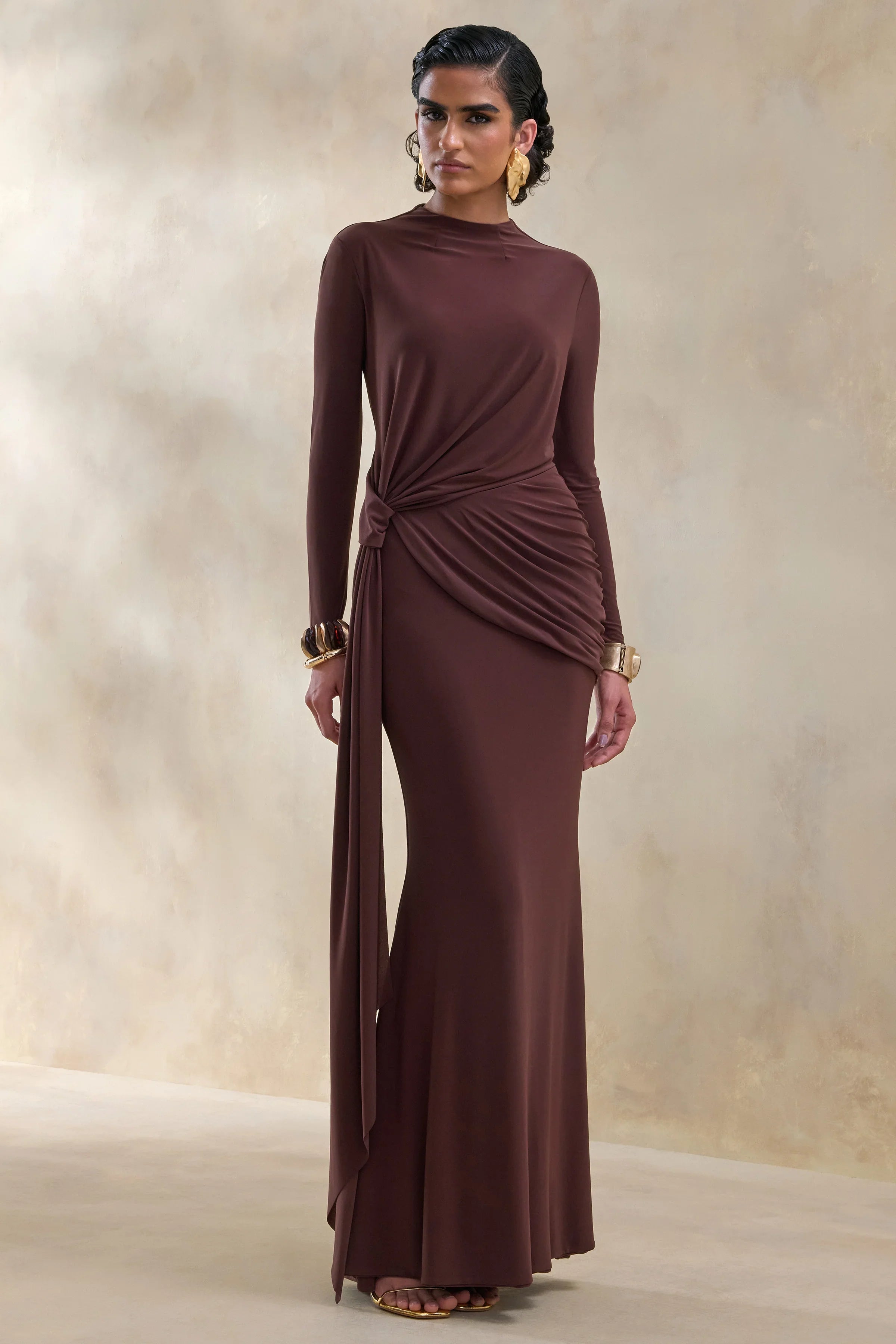 Kyrissa Brown High Neck Maxi Dress With Gathered Detailing