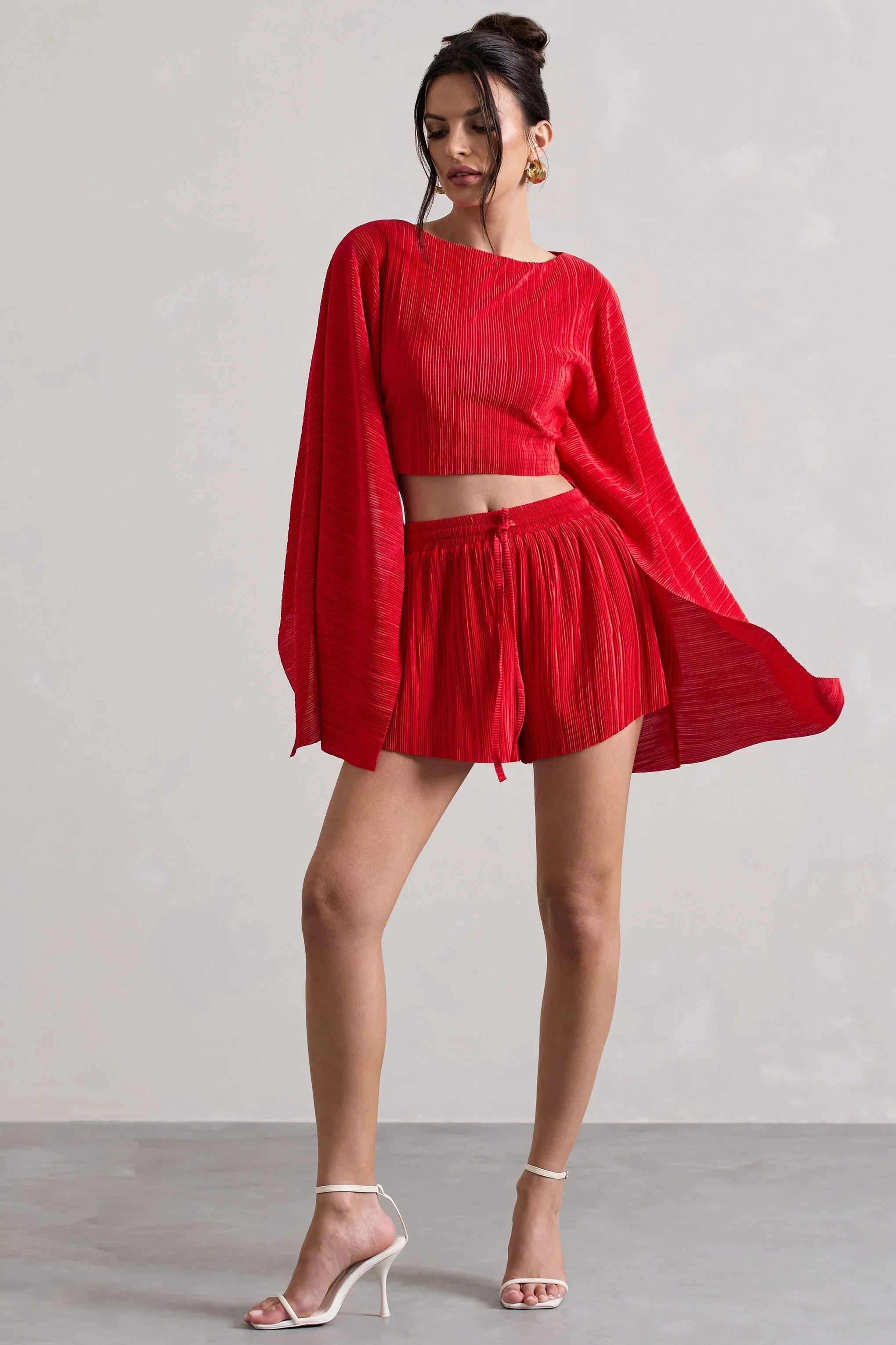 Aflame Red Plisse Tie Waist Shorts