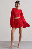 Aflame Red Plisse Tie Waist Shorts