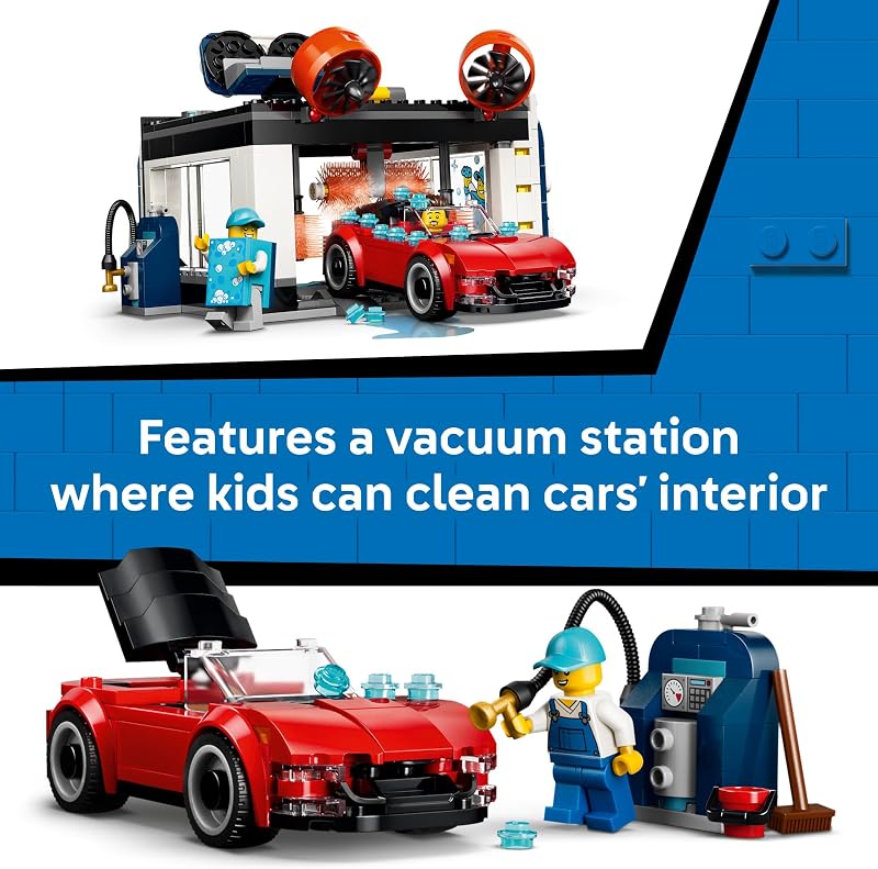 LEGO City Drive Through Car Wash 60497 Building Toys for Boys Girls Ages 6 Toy Cars Playset for Pretend Play 4 Minifigures 583 pieces Gift Idea