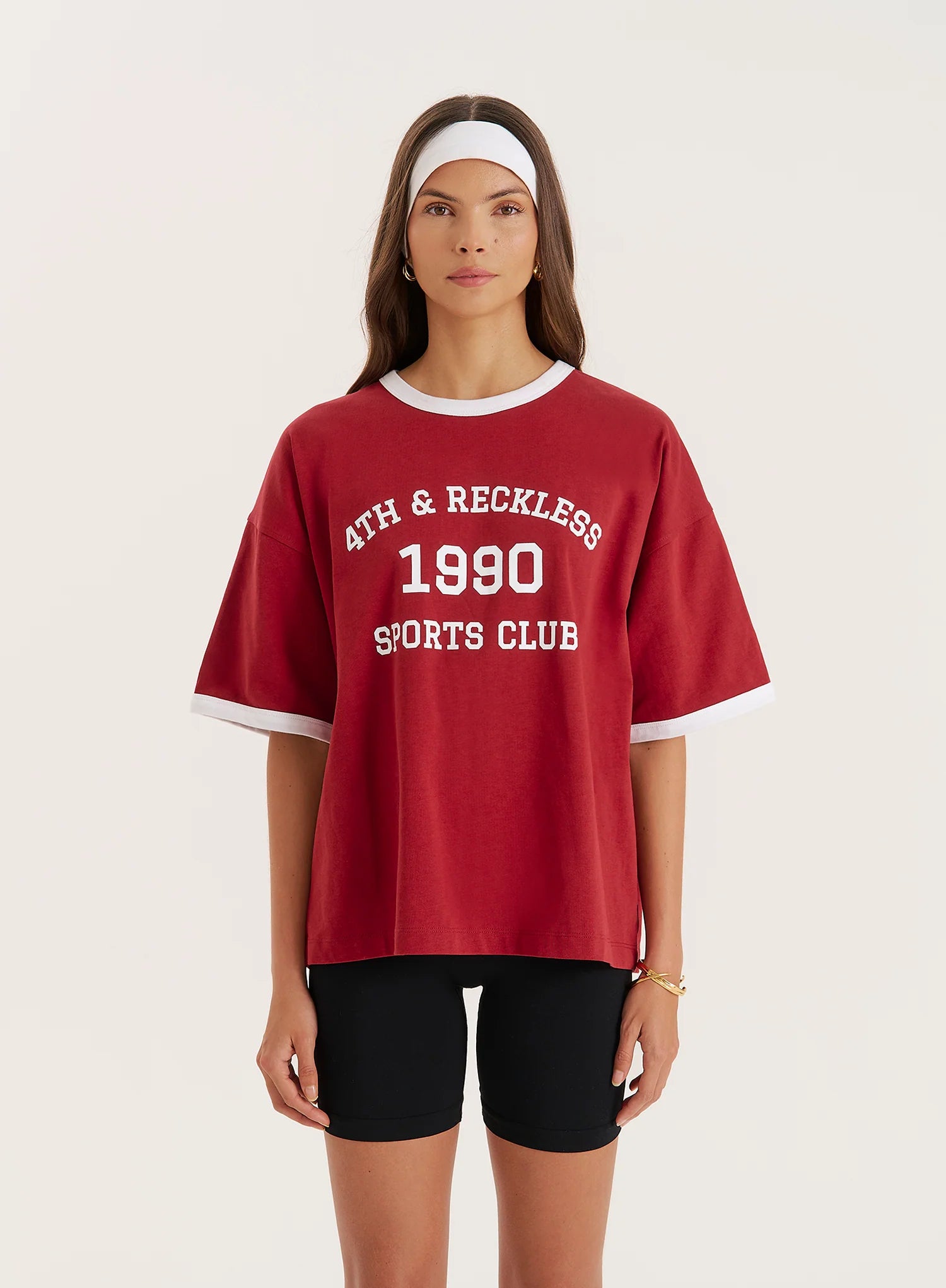 Red Contrast Trim Slogan T Shirt